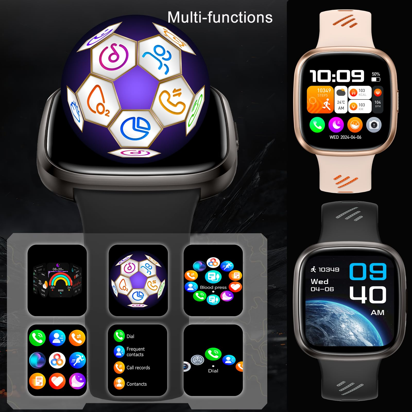 Das Bild zeigt eine Smartwatch mit mehreren Funktionen, darunter Gesundheitsstatistiken, Uhrzeit und verschiedene App-Icons.