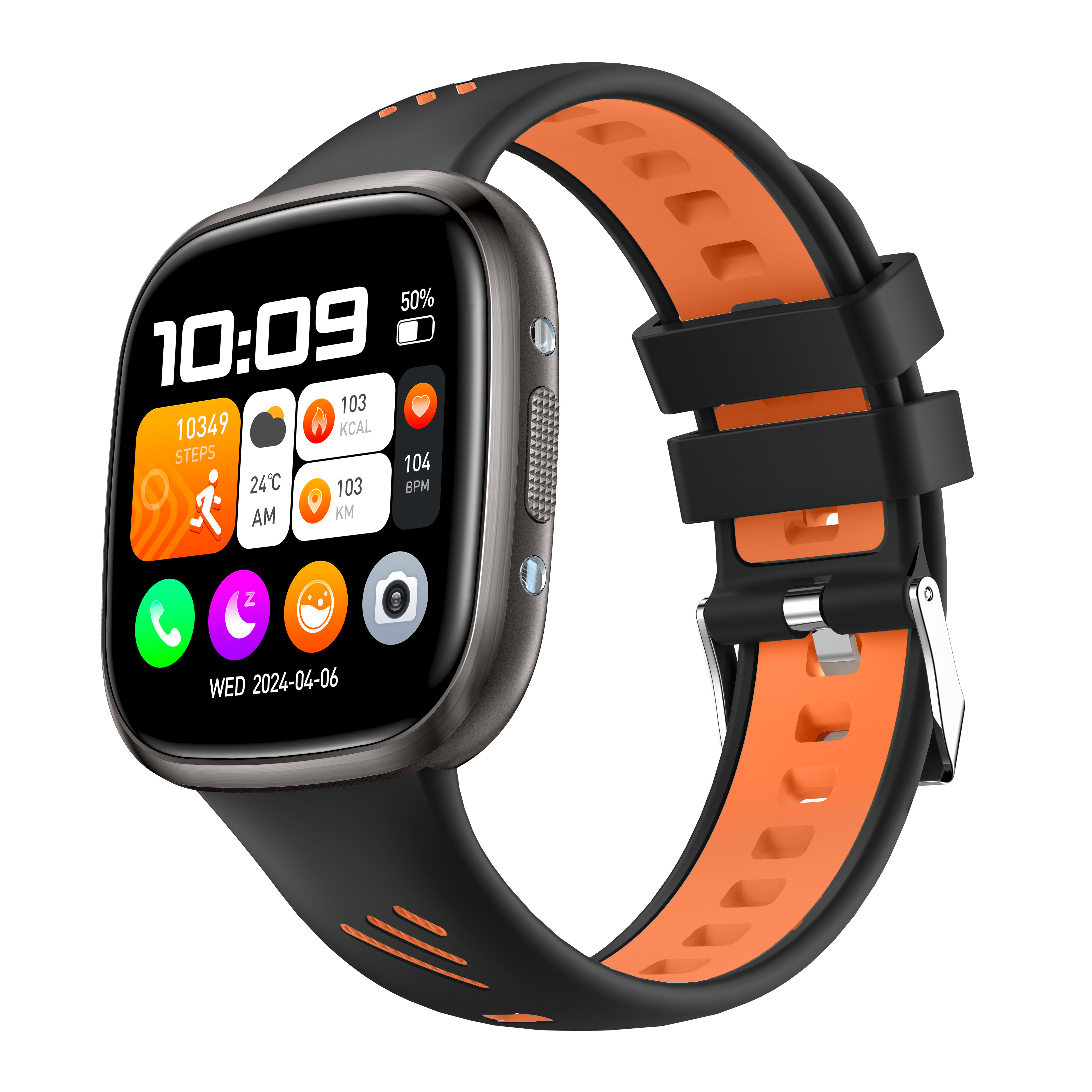 Smartwatch mit schwarzem und orangefarbenem Armband. Zeigt Zeit, Schritte, Herzfrequenz und Datum. Knöpfe an der Seite.