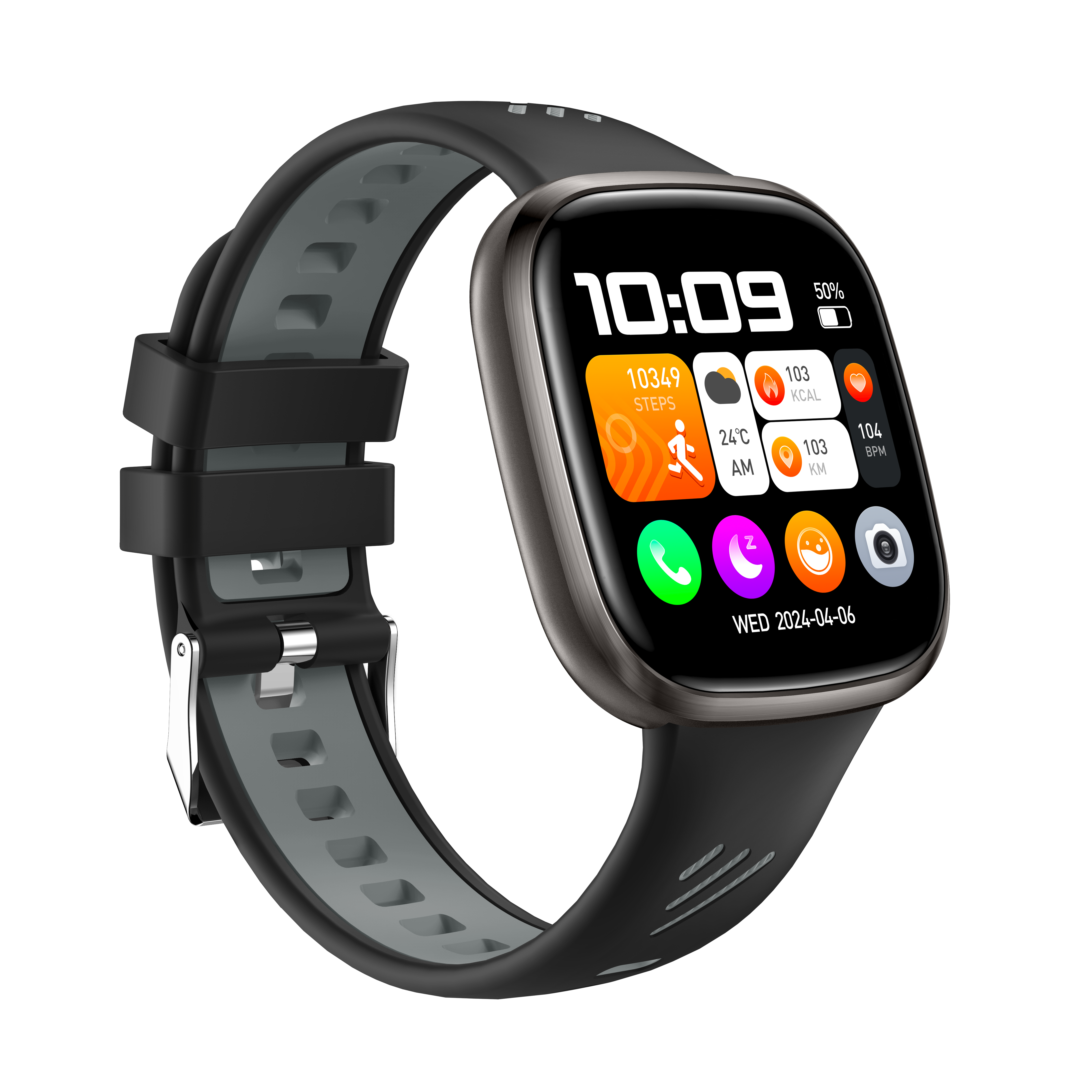 Eine schwarze Smartwatch zeigt Zeit, Schritte, Herzfrequenz und andere Metriken an. Sie hat ein schwarzes Armband mit grauem Innenraum.