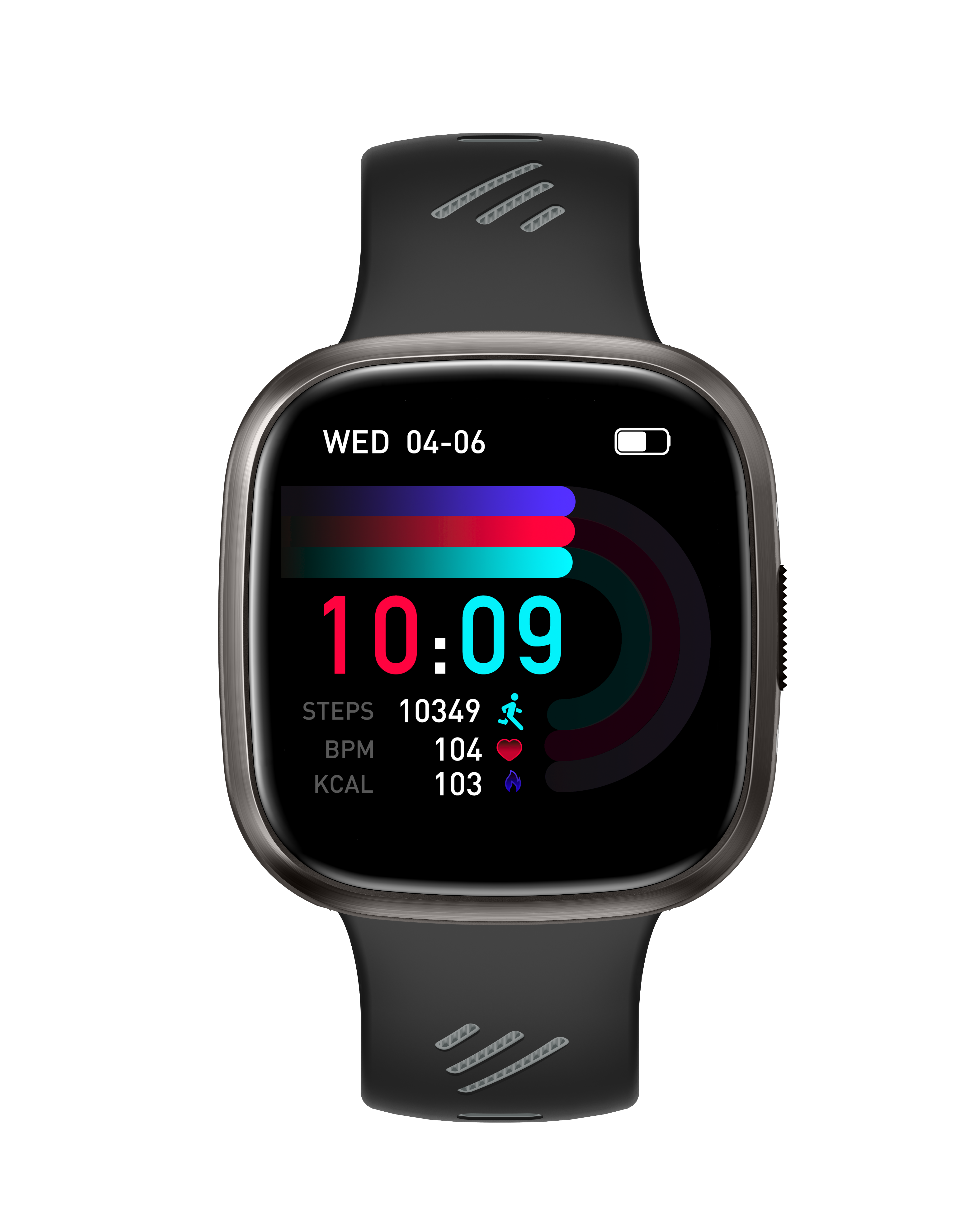 Eine Smartwatch mit schwarzem Armband zeigt Zeit, Schritte, BPM und Kalorien vor schwarzem Hintergrund.