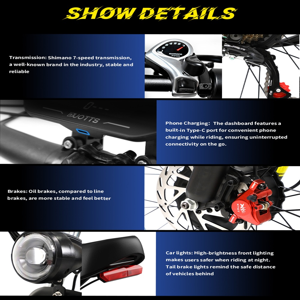 Detalles de e-bike: marchas Shimano, tablero, frenos de aceite, luces y carga de teléfono. Imágenes muestran partes con descripciones.
