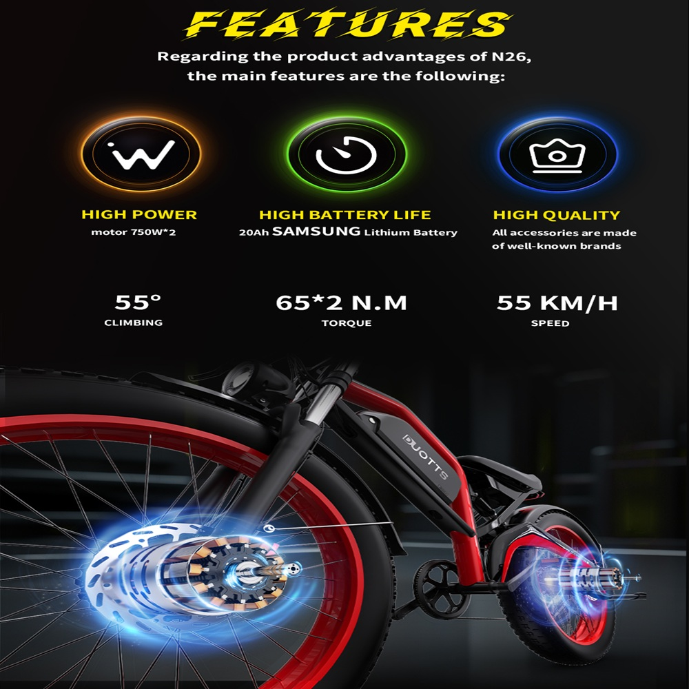 Una bicicleta eléctrica con detalles en rojo. Las características son: alta potencia, duración de la batería, calidad, escalada, par y velocidad.