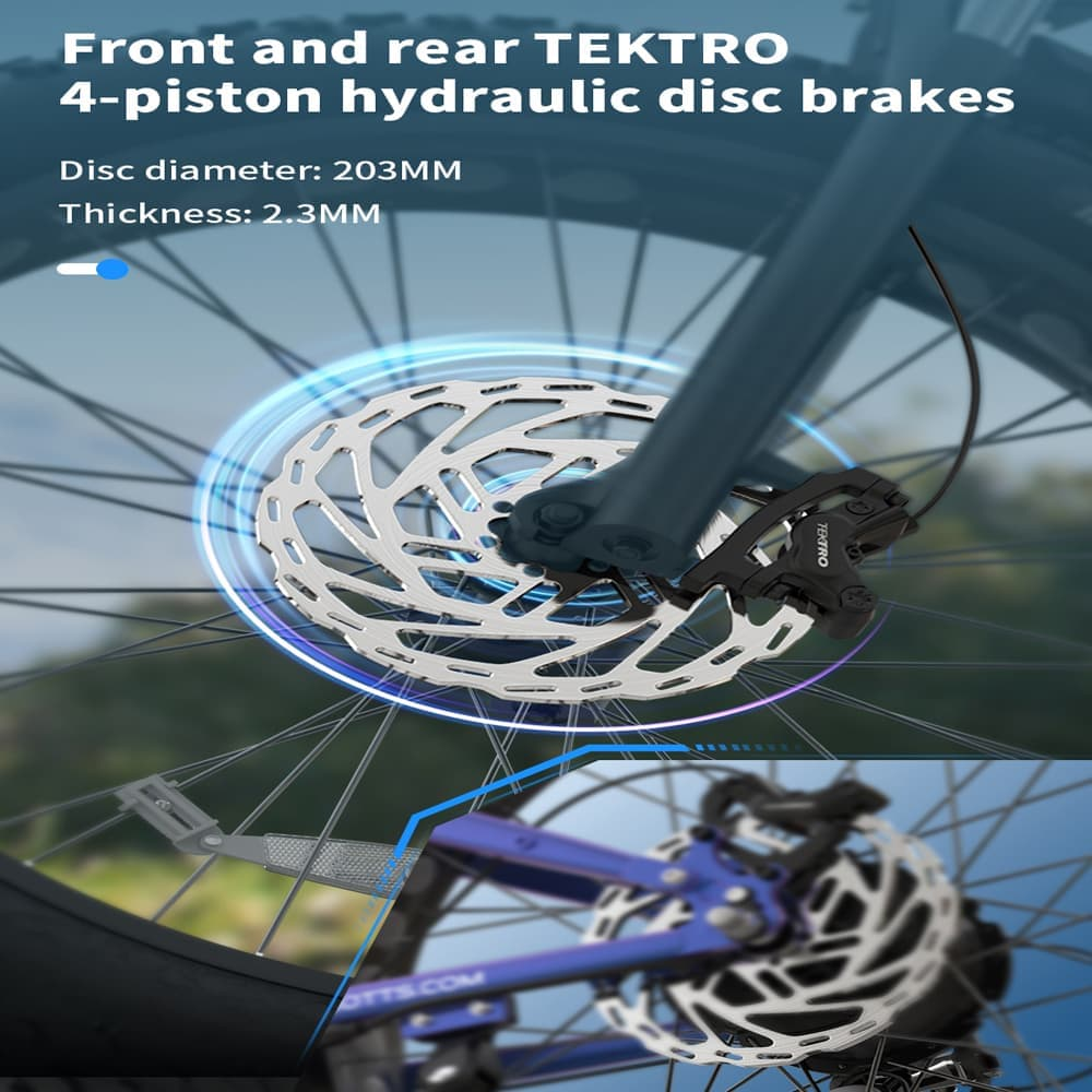 Primer plano del sistema de frenos de disco de una bicicleta. Muestra frenos hidráulicos TEKTRO de 4 pistones, disco de 203 mm y 2,3 mm de grosor.