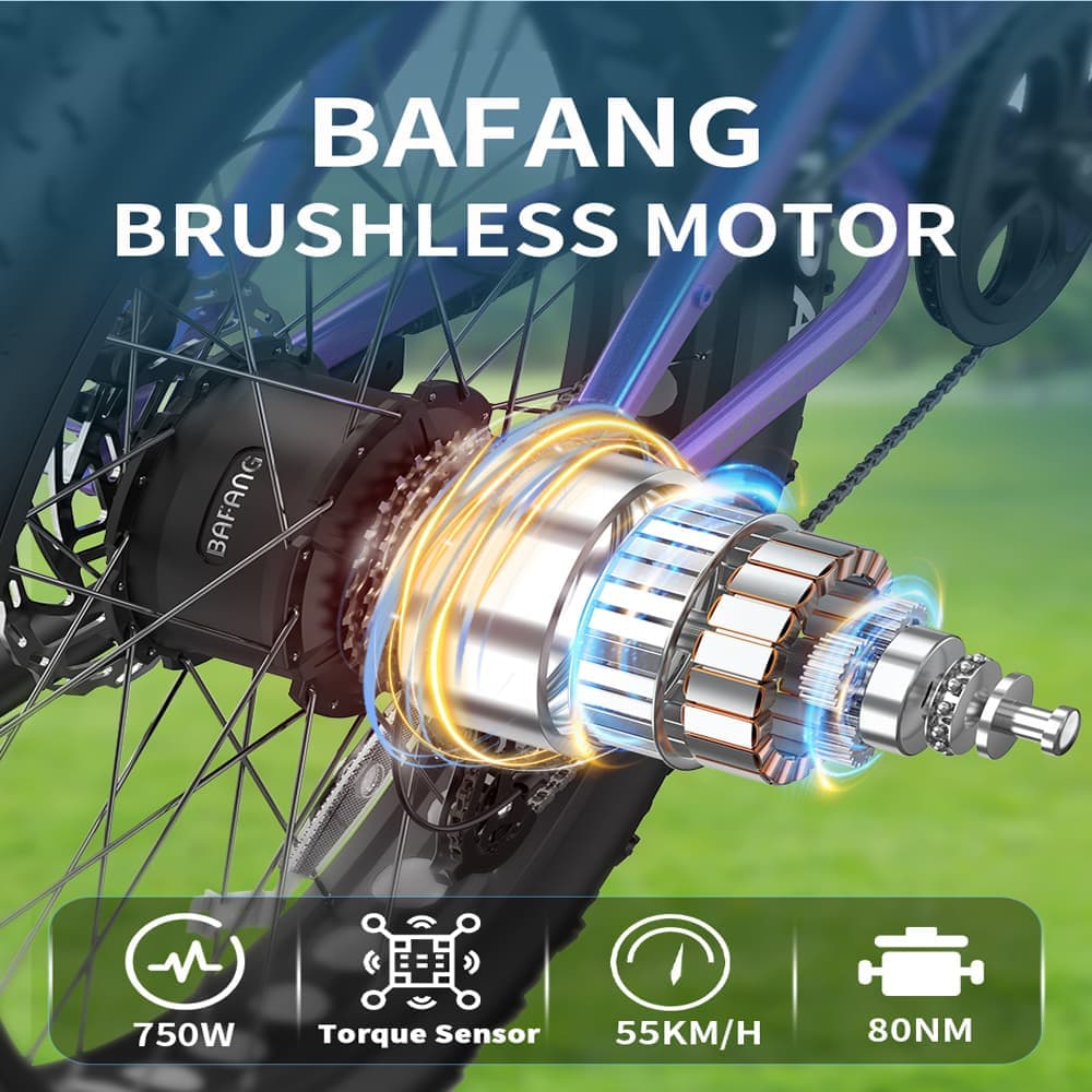 Primer plano de un motor sin escobillas BAFANG en una bicicleta eléctrica, con detalles sobre potencia, par y velocidad.