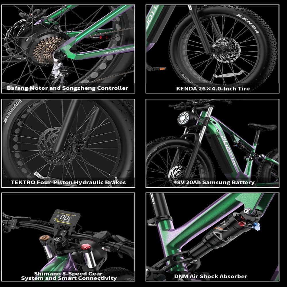 Bicicleta eléctrica verde con componentes etiquetados: motor, neumáticos, frenos, batería, marchas y amortiguador. Fondo negro.