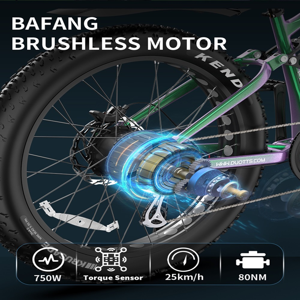 Primer plano de una rueda de e-bike con motor sin escobillas BAFANG. Detalles: 750W, sensor de par, 25km/h y especificaciones de 80NM.