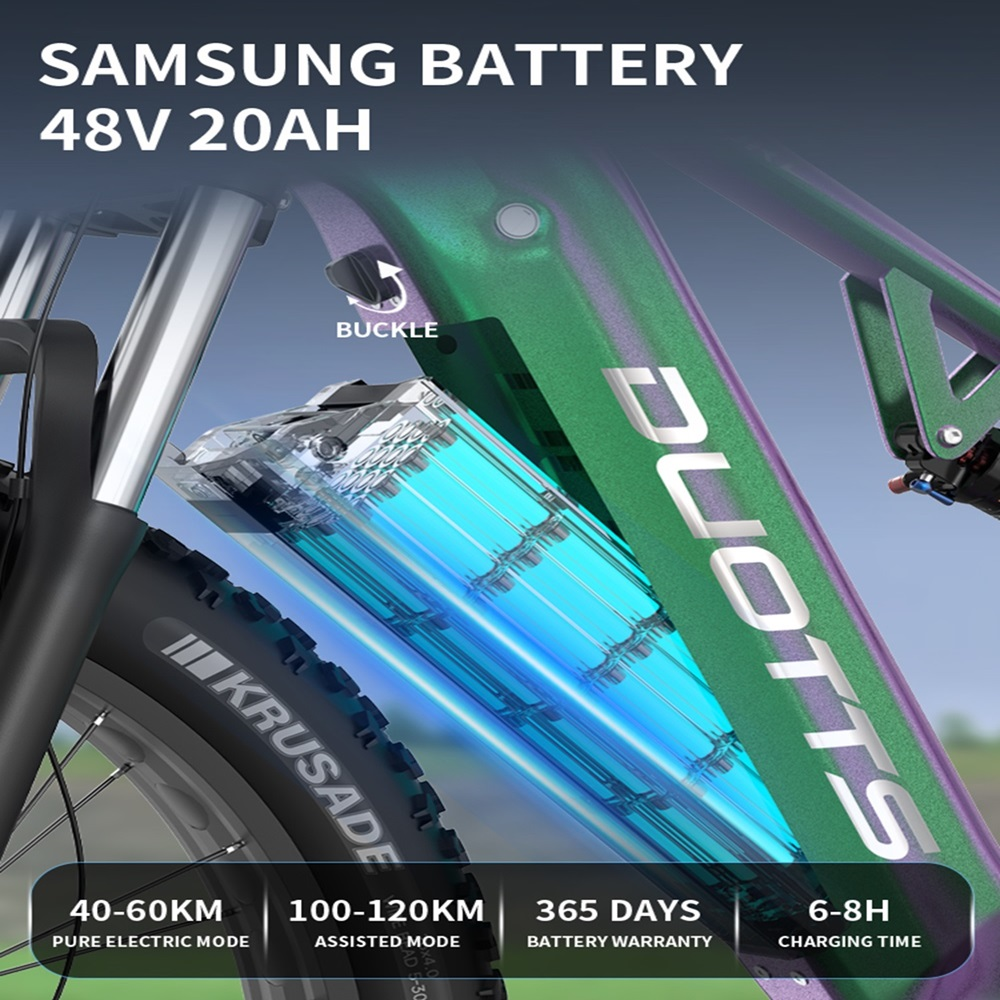Una e-bike con batería visible, marca 'DUOTTS', con especificaciones y detalles de rendimiento. La batería es SAMSUNG.