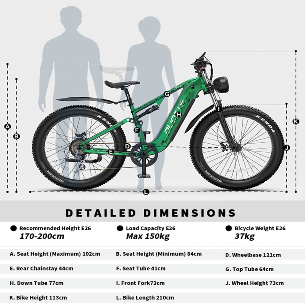 Bicicleta eléctrica verde con dimensiones detalladas, incluyendo altura, capacidad de carga y peso. Dos siluetas en el fondo.