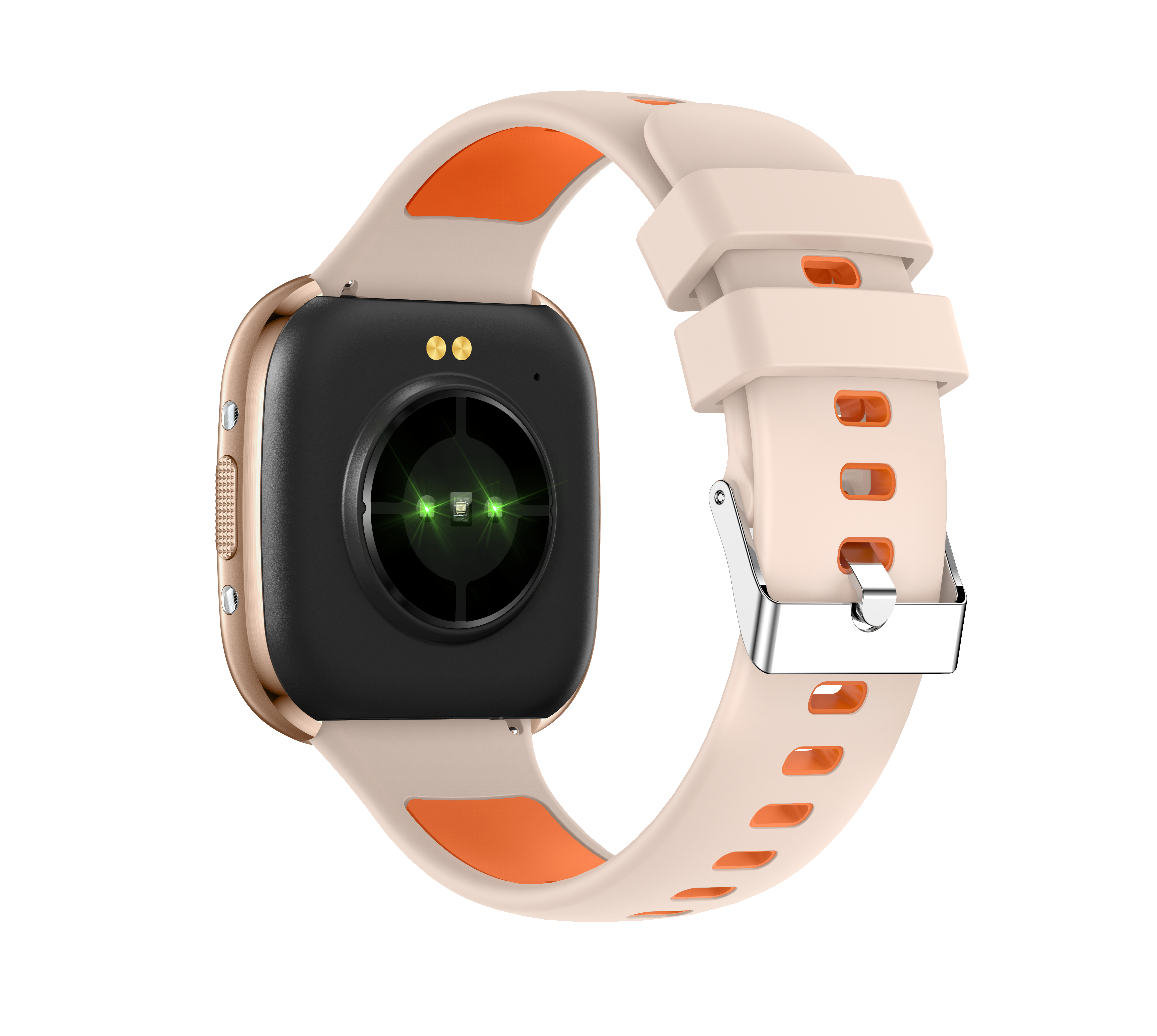 Smartwatch mit cremefarbenem und orangefarbenem Armband, goldfarbenem Gehäuse, schwarzer Rückseite. Grüne Lichter beleuchten den Herzfrequenzsensor.