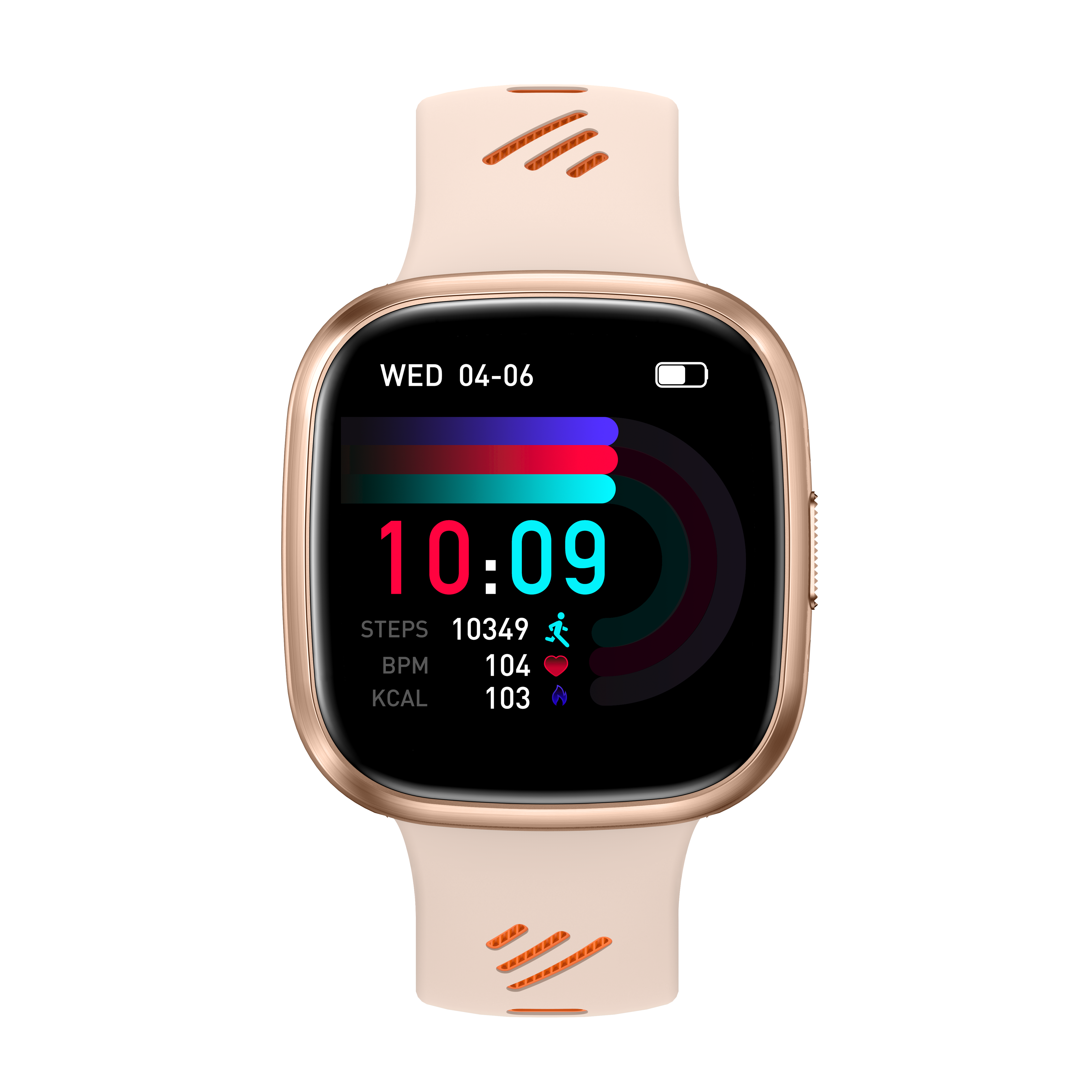 Eine Smartwatch mit goldenem Rahmen und beigem Armband. Der Bildschirm zeigt Zeit, Datum, Schritte, BPM und Kalorien auf schwarzem Hintergrund.