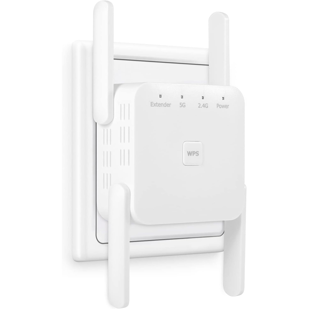 Weißer WLAN-Repeater in einer weißen Wandsteckdose. Er hat Antennen und Kontrollleuchten für Strom und Verbindung.