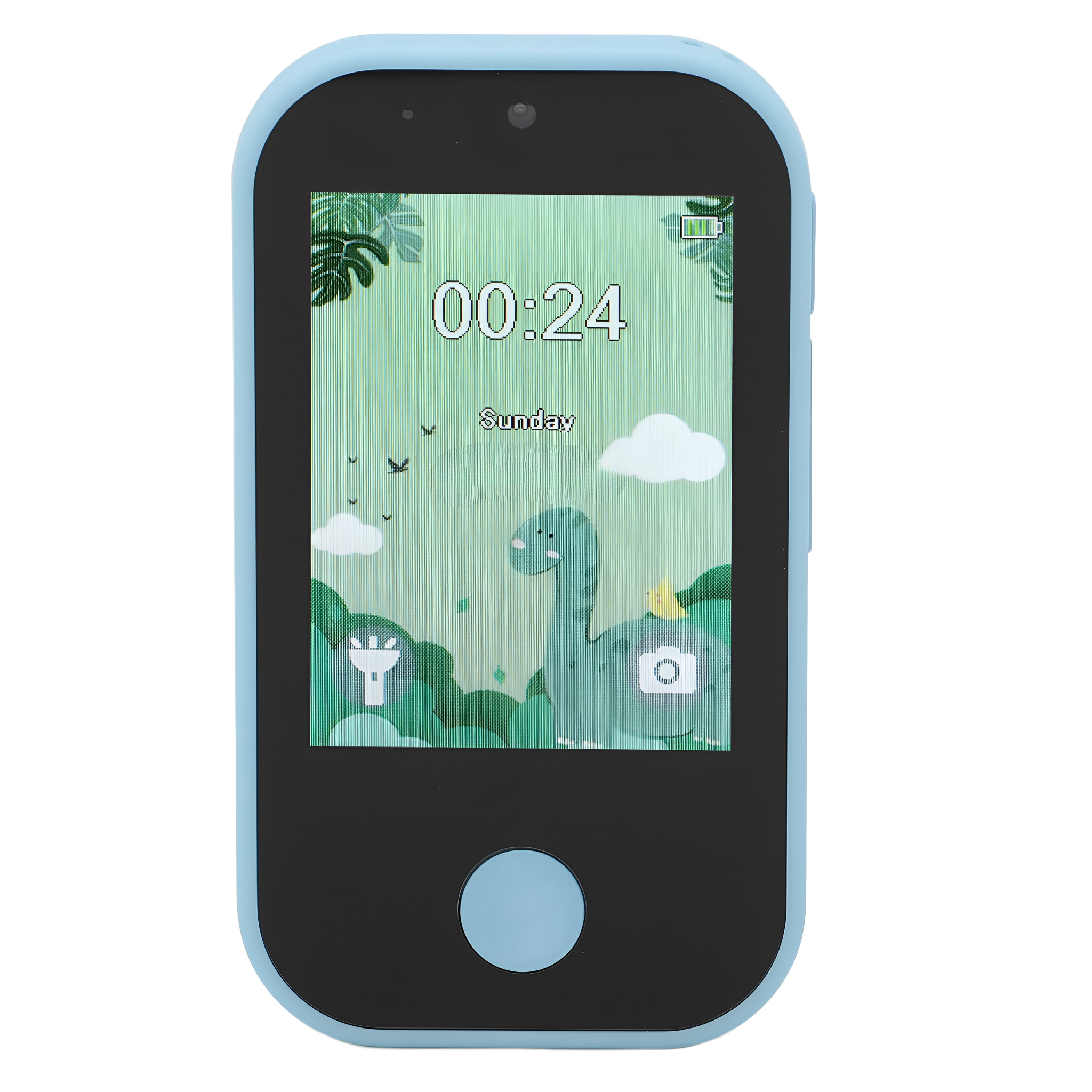 Blau gerahmtes Smartphone mit Dinosaurier-Anzeige. Der Bildschirm zeigt Zeit, Tag, Wolken und einen Dinosaurier.