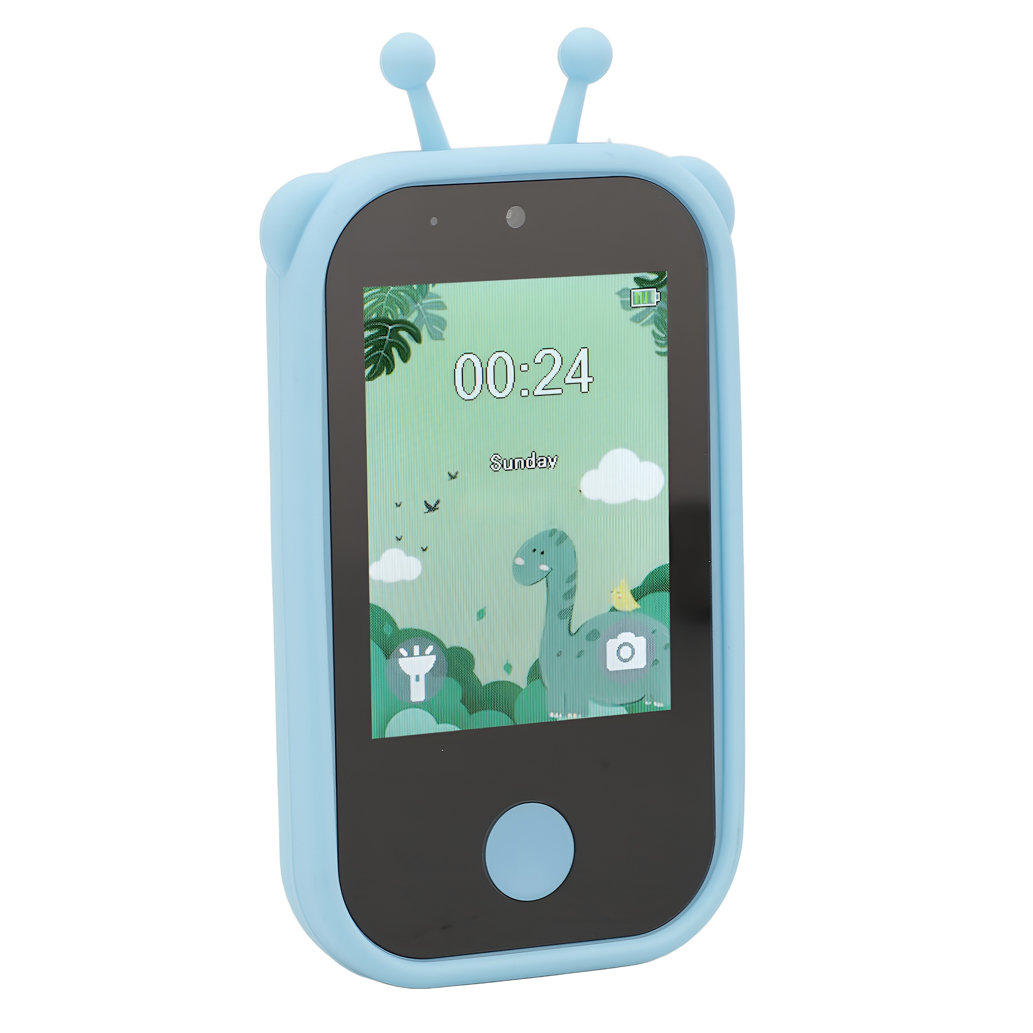 Eine blaue Kinder-Smartwatch mit Dinosaurier-Bildschirm. Sie zeigt 00:24 und Sonntag an. Die Uhr steht auf weißem Hintergrund.