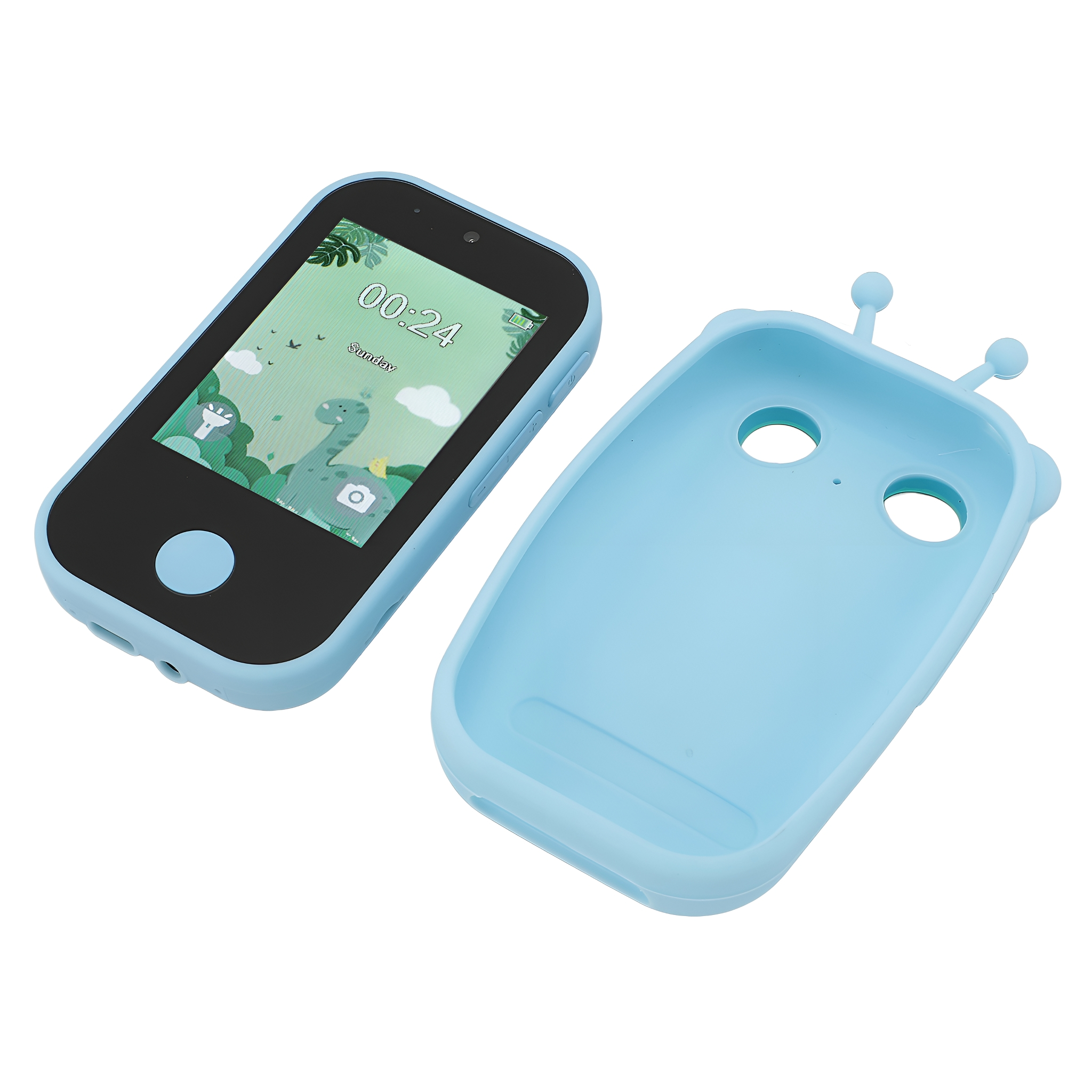 Ein blaues Telefon, der Bildschirm zeigt 00:24 und einen Dinosaurier, neben seiner hellblauen Hülle.
