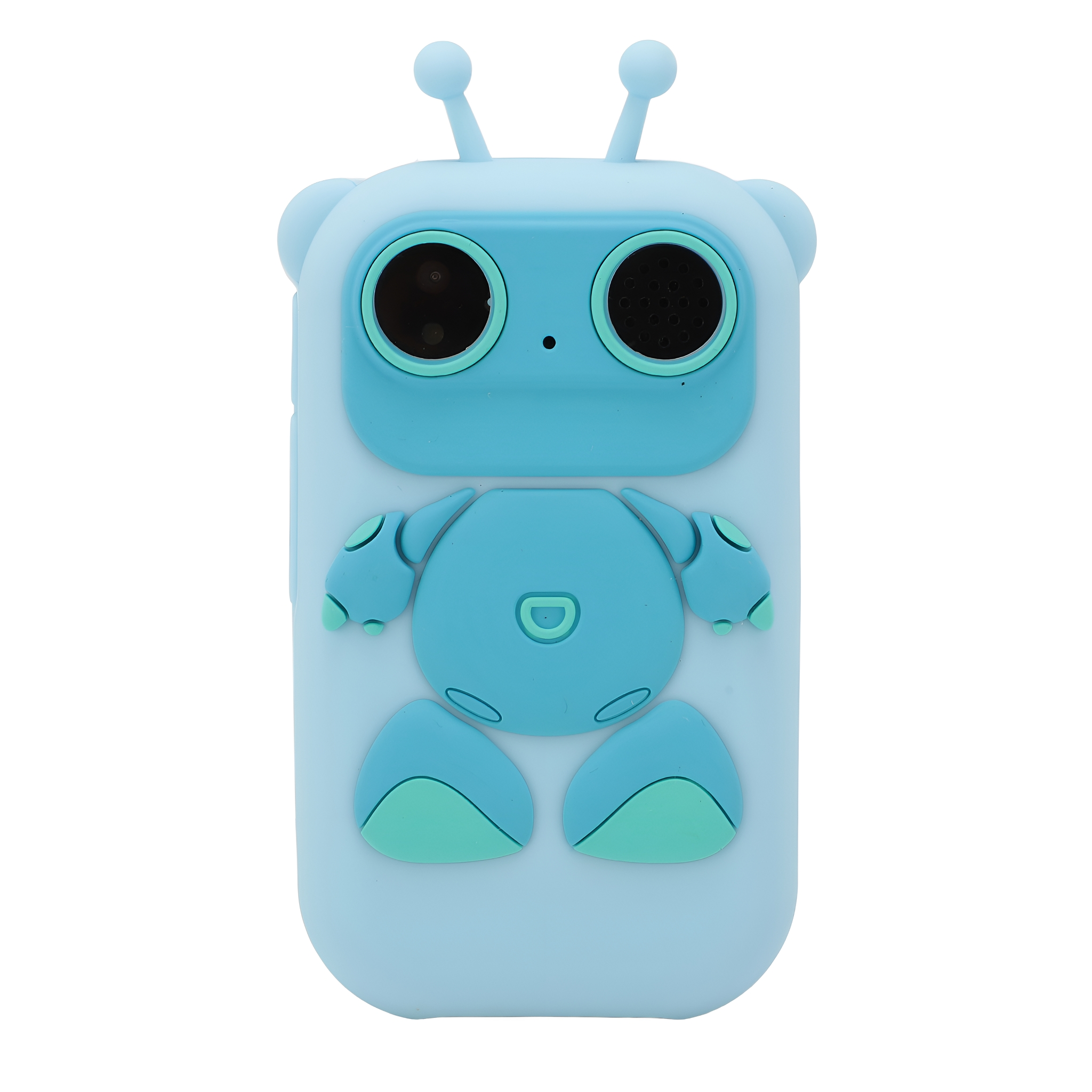Eine hellblaue Roboter-Handyhülle. Sie hat ein Gesicht mit zwei Augen und einen Körper mit Armen und Beinen.