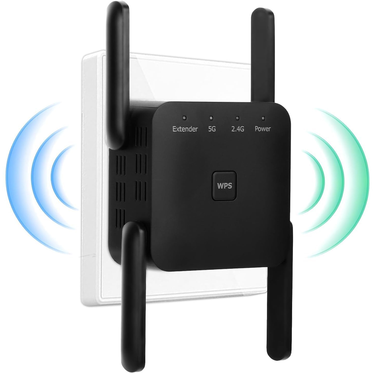 Schwarzer WLAN-Verstärker, der an eine weiße Steckdose angeschlossen ist. Er hat vier Antennen und blaue/grüne Signalwellen.