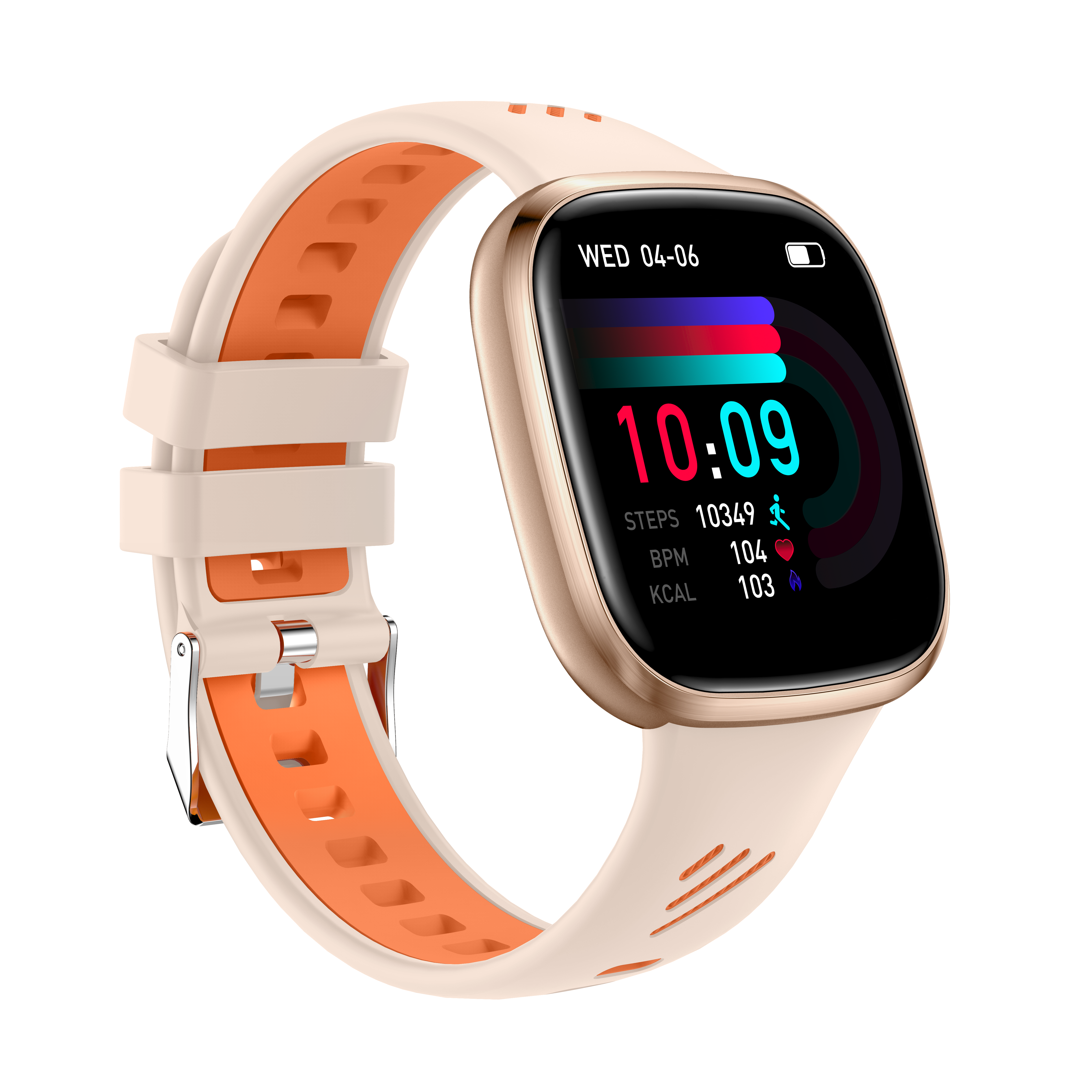Smartwatch mit beigem Armband und orangefarbenem Innenraum. Der Bildschirm zeigt Uhrzeit, Schritte und Herzfrequenz. Schwarzer Hintergrund.