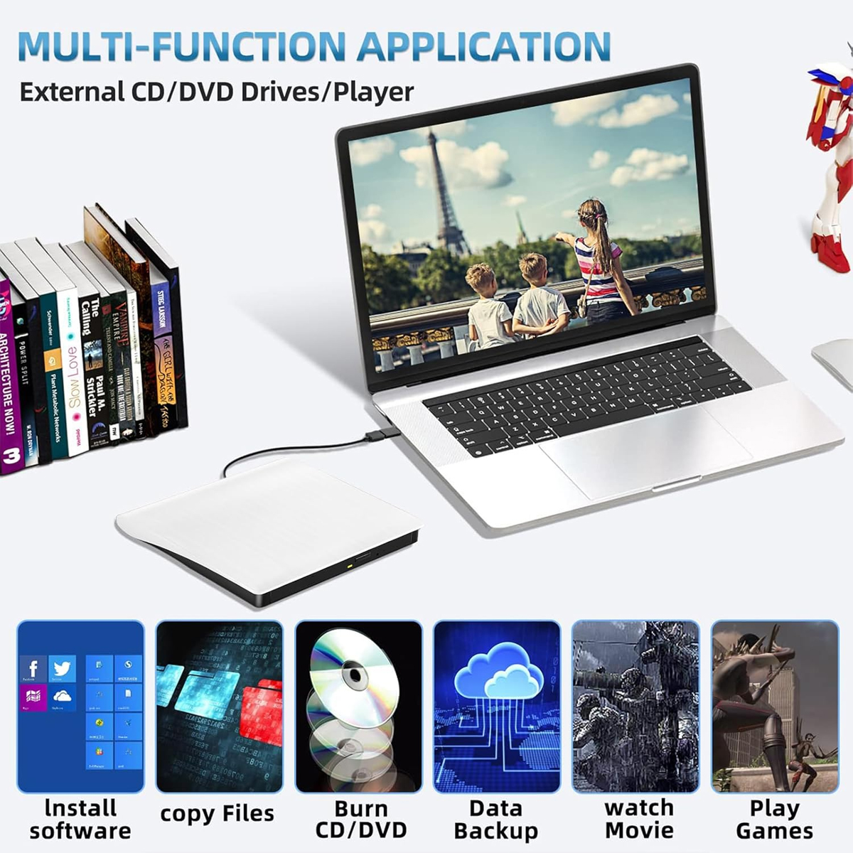 Laptop mit CD/DVD-Player, Szene des Eiffelturms, mit Buch- und Software-Symbolen darunter.