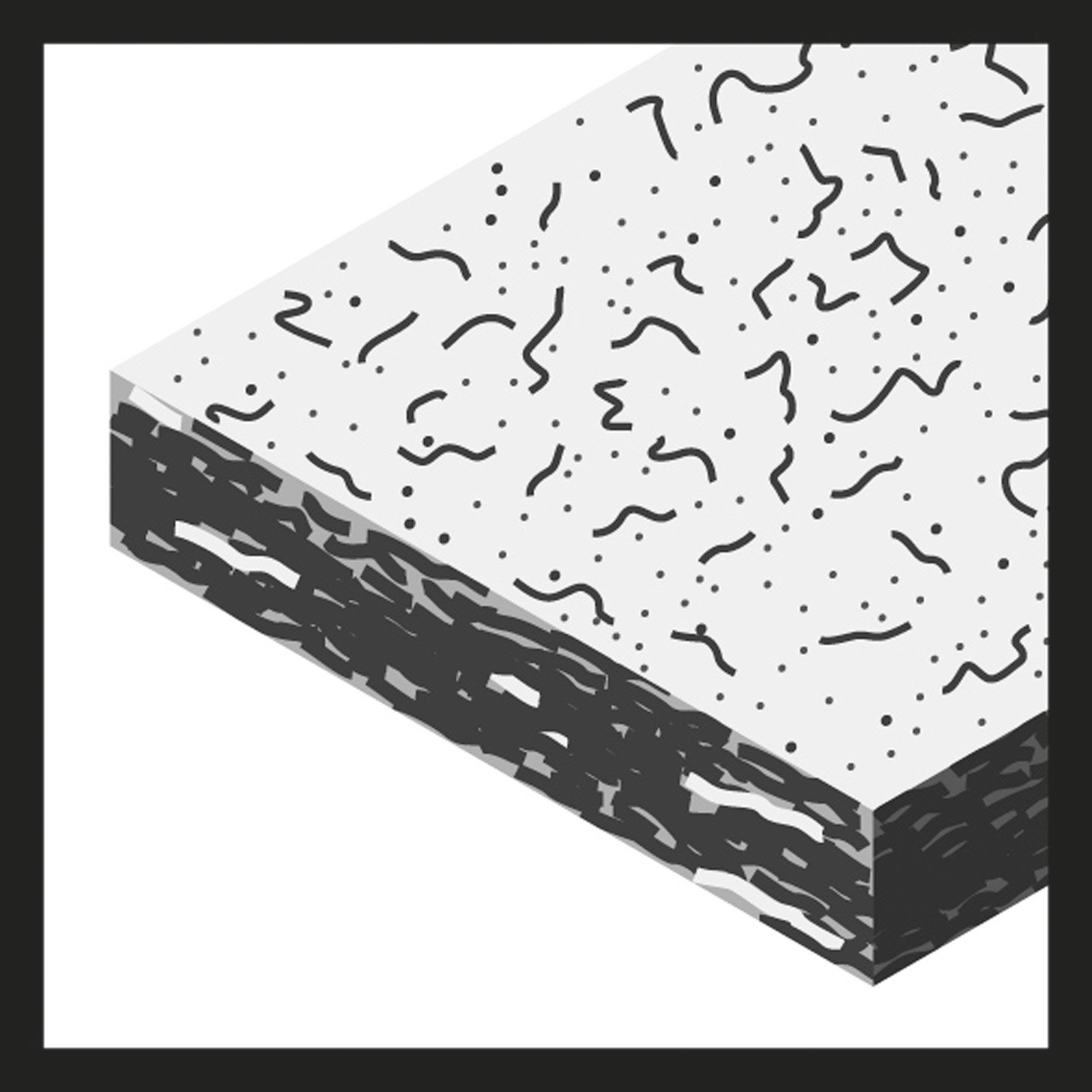 Widok izometryczny bloku. Górna powierzchnia jest jasnoszara z czarnymi kropkami i liniami. Boki są ciemnoszare.