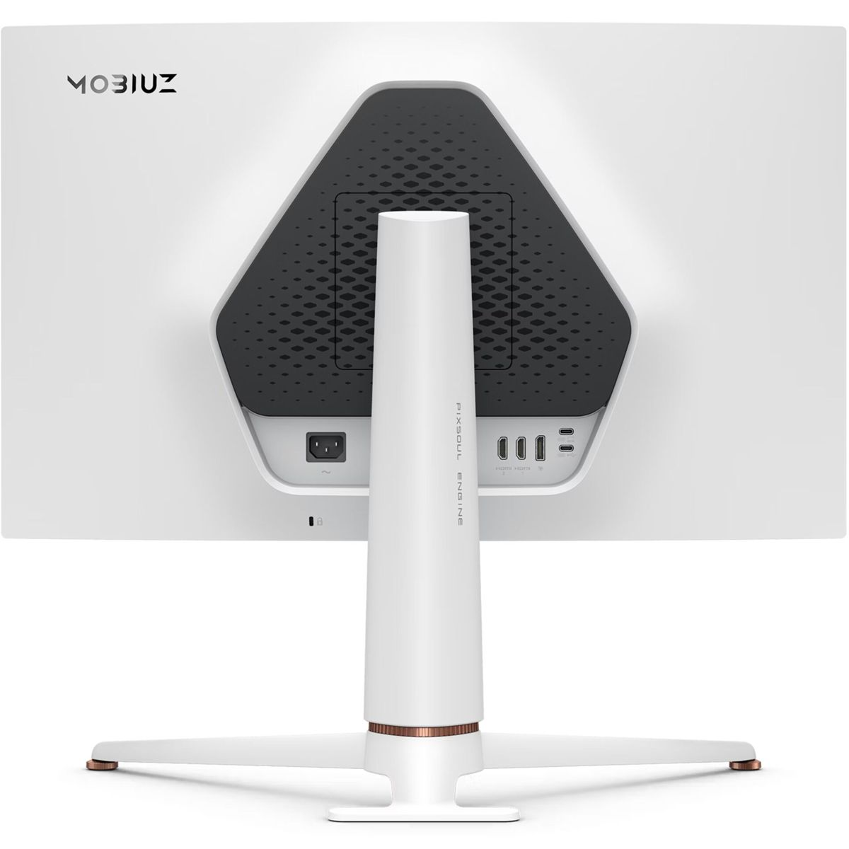 Tył białego monitora, ze stojakiem. Czarna wentylacja u góry, porty z tyłu. Logo MOBIUZ. Tekst Pixsoul Engine.