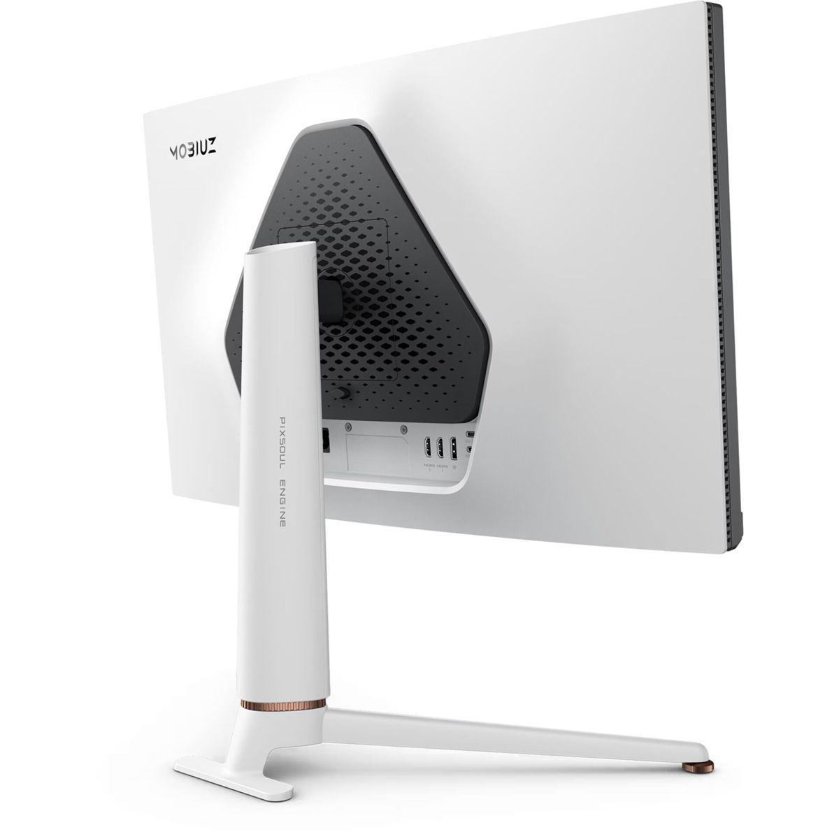 Biały monitor komputerowy ze stojakiem, widok z tyłu. Ma czarny trójkątny odpowietrznik. Marka to MOBIUS.