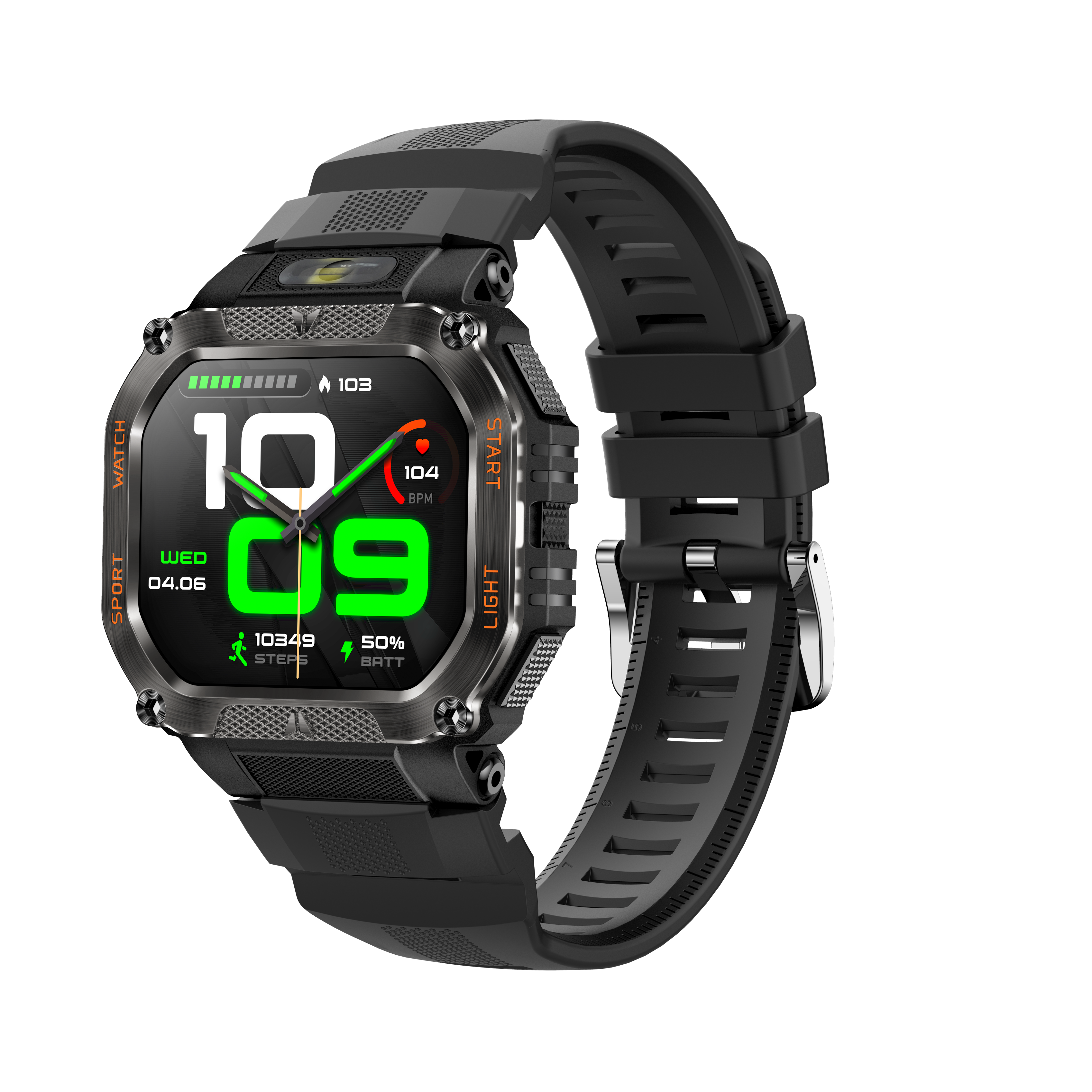 Schwarze Smartwatch mit digitaler Anzeige von Zeit, Schritten und Akku. Die Uhr hat ein schwarzes Armband.
