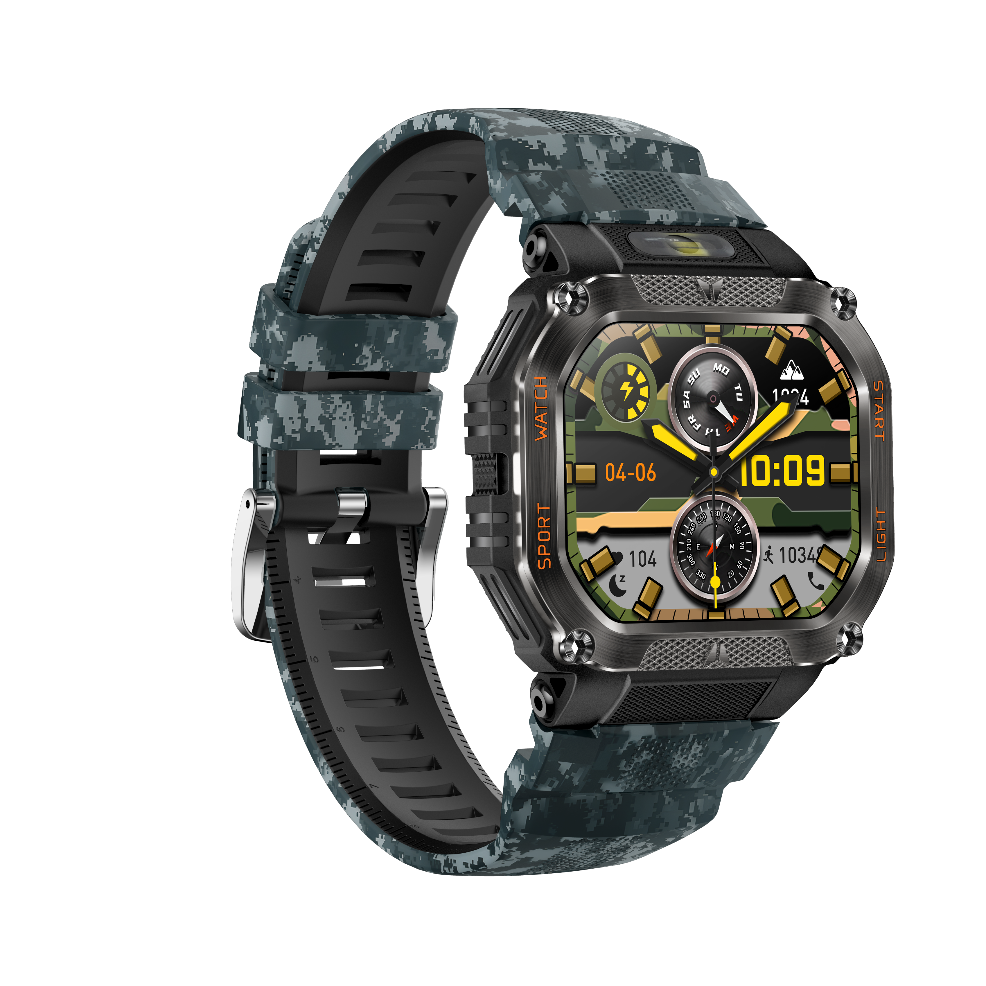 Eine Tarnuhr mit Armband zeigt Zeit, Datum, Schritte und andere Daten auf schwarzem Hintergrund.
