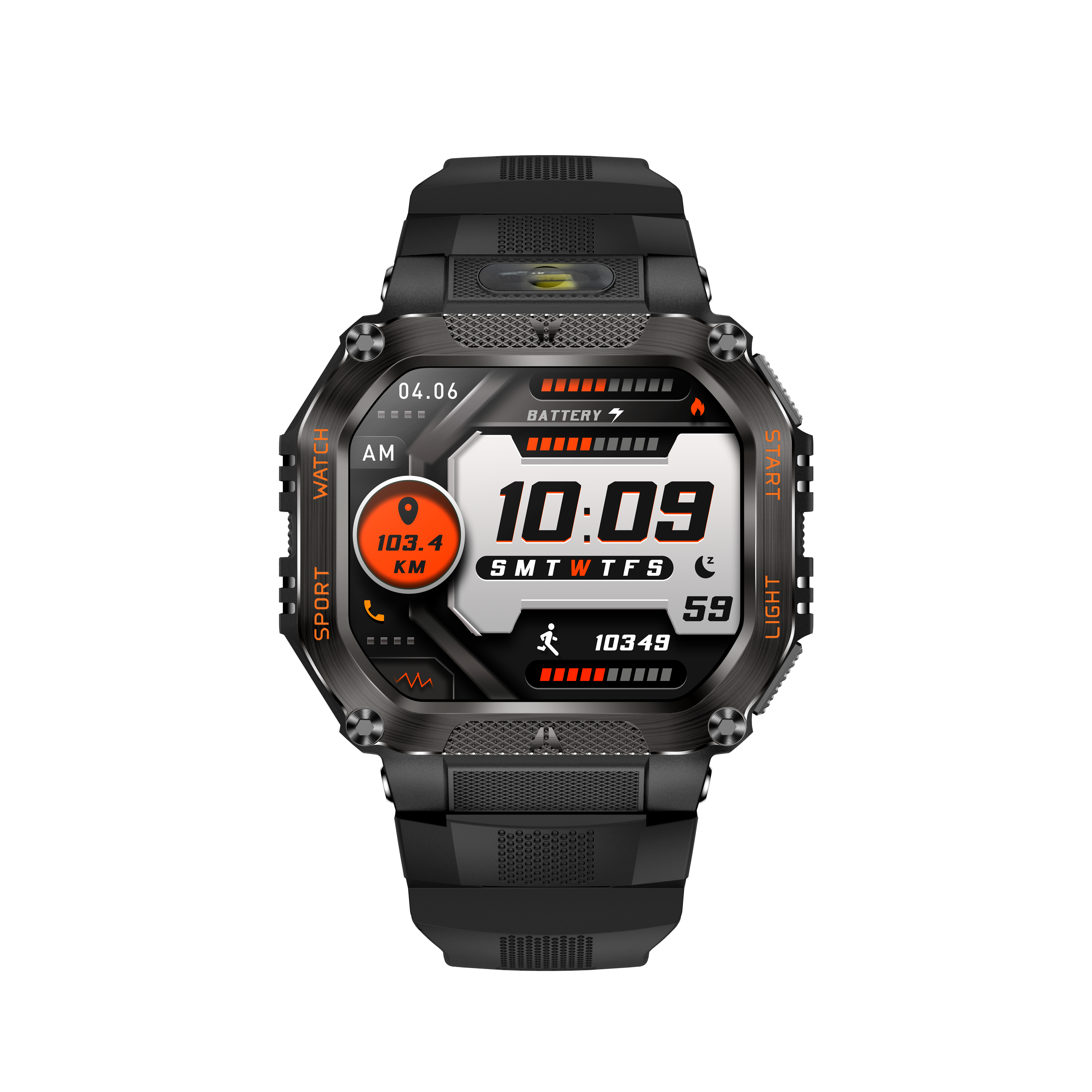 Schwarze Smartwatch mit digitalem Display, das Uhrzeit, Datum und Fitnessdaten anzeigt. Knöpfe an den Seiten.