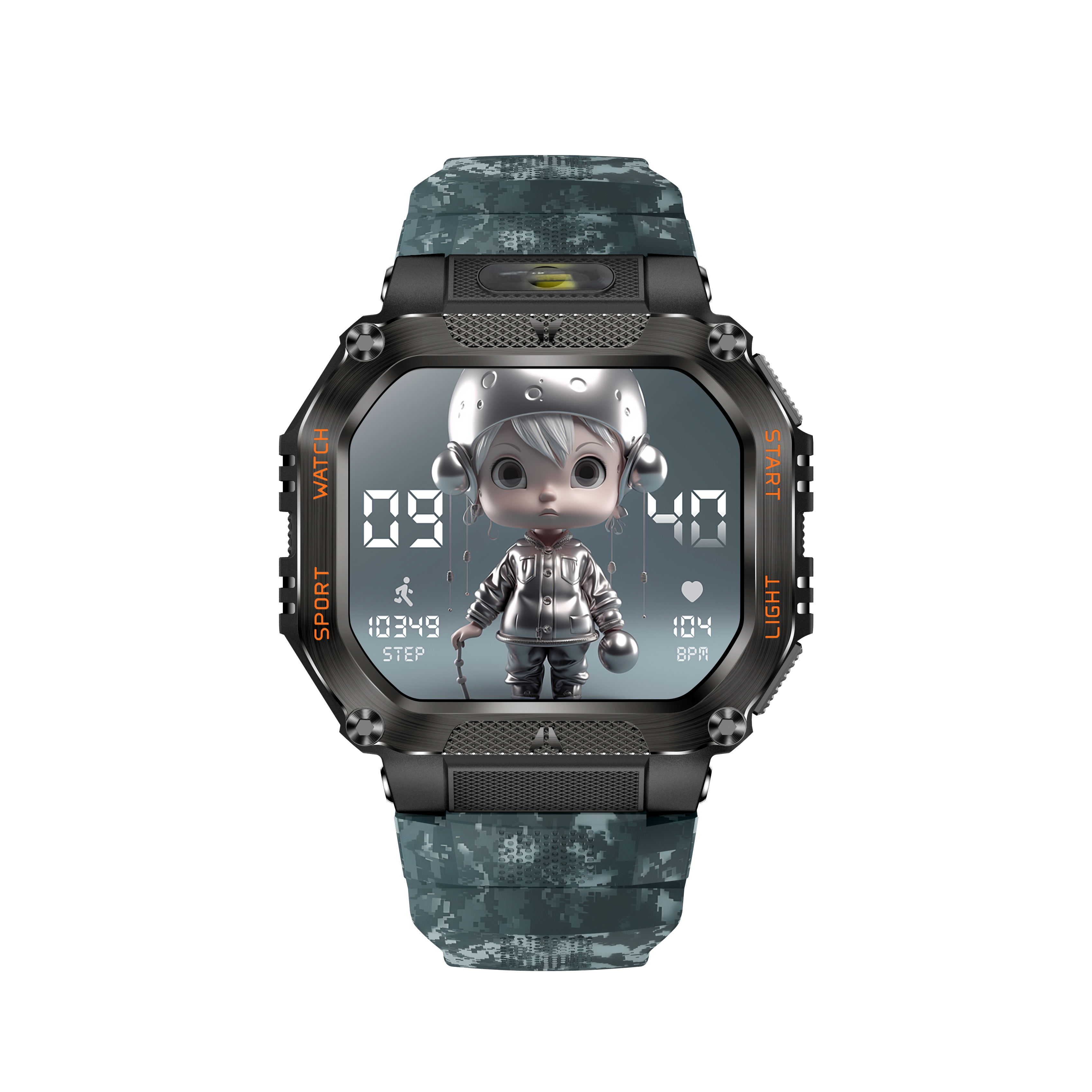 Smartwatch mit Digitalanzeige. Eine Cartoonfigur ist auf dem Bildschirm. Die Uhr hat ein Camouflage-Armband und schwarzen Hintergrund.