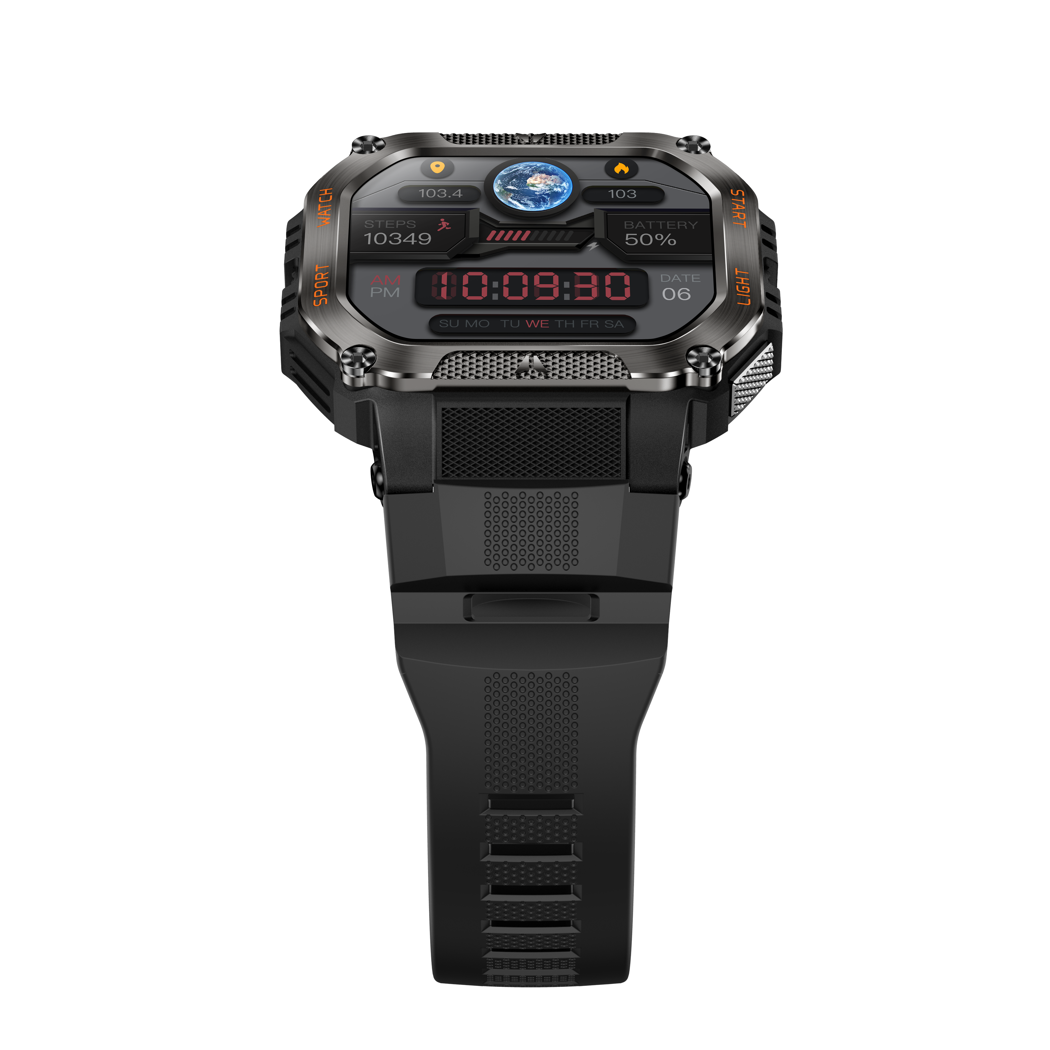 Eine schwarze Smartwatch zeigt Zeit, Schritte und Akkulaufzeit an. Das Zifferblatt hat ein Weltkarten-Symbol und verschiedene Datenausgaben.