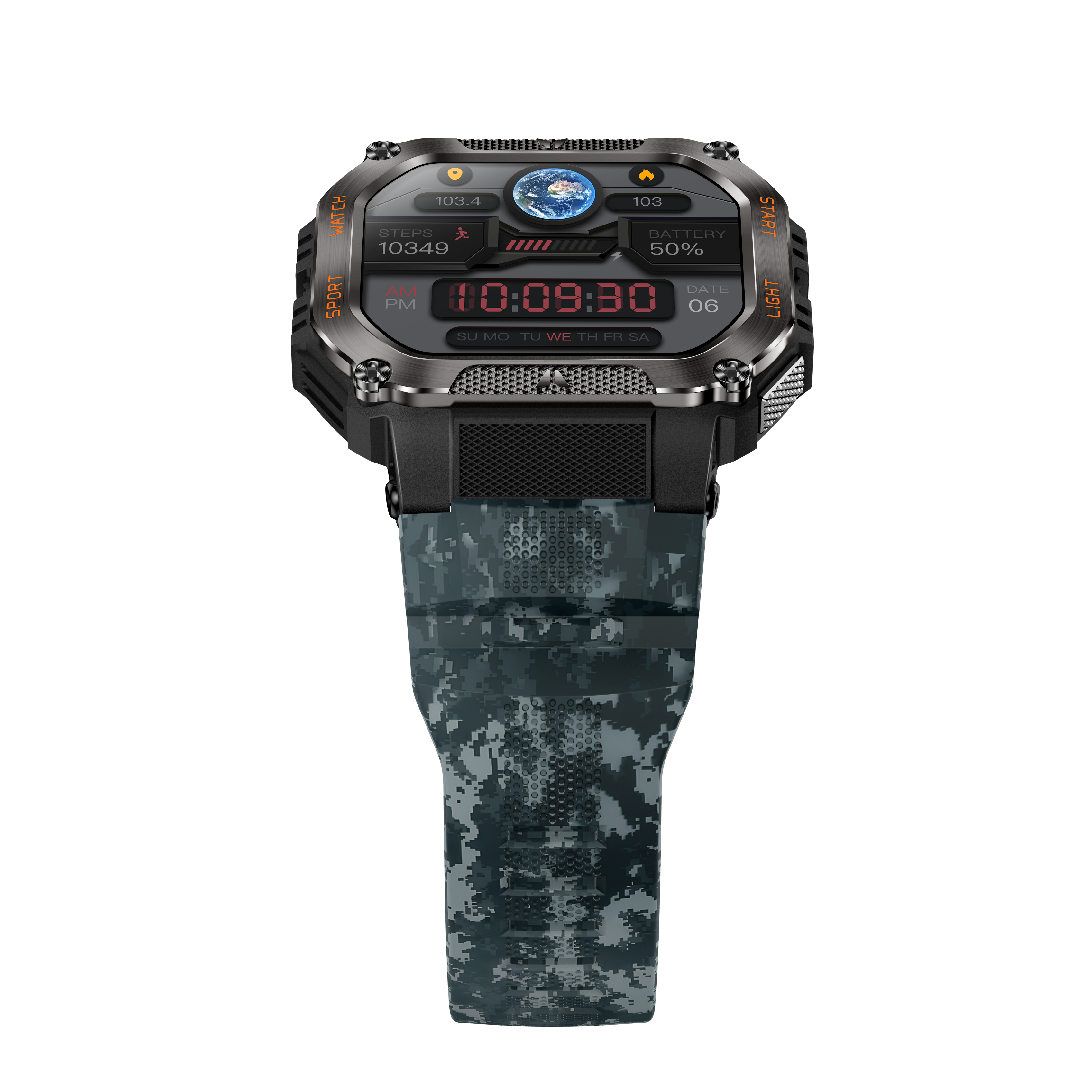 Eine digitale Armbanduhr mit Camo-Armband. Das Display zeigt Zeit, Schritte, Akkulaufzeit und Datum.