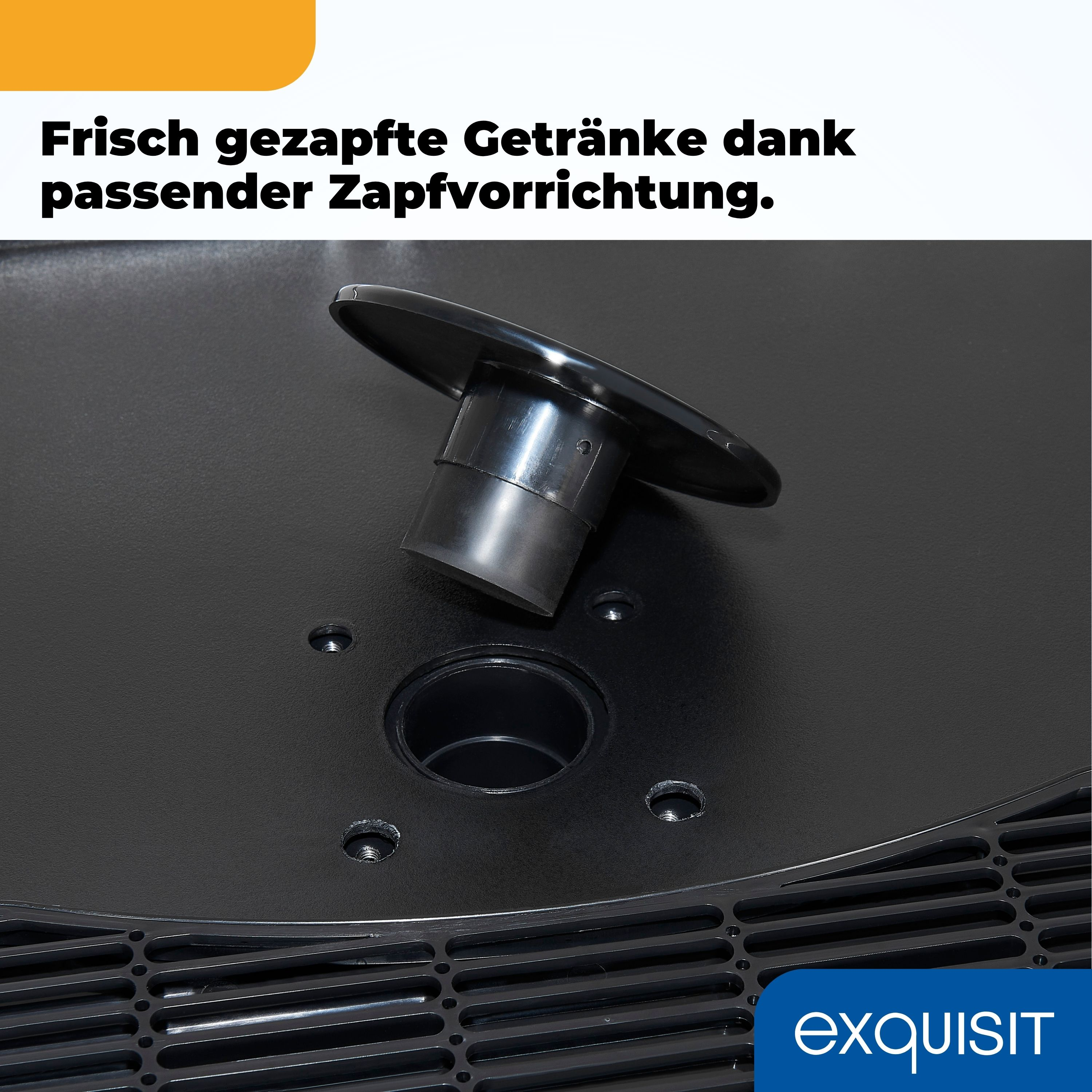 Nahaufnahme eines schwarzen Getränkeausgabesystems mit Zapfhahn und Entlüftung. Der Text lautet „Frisch gezapfte Getränke“.