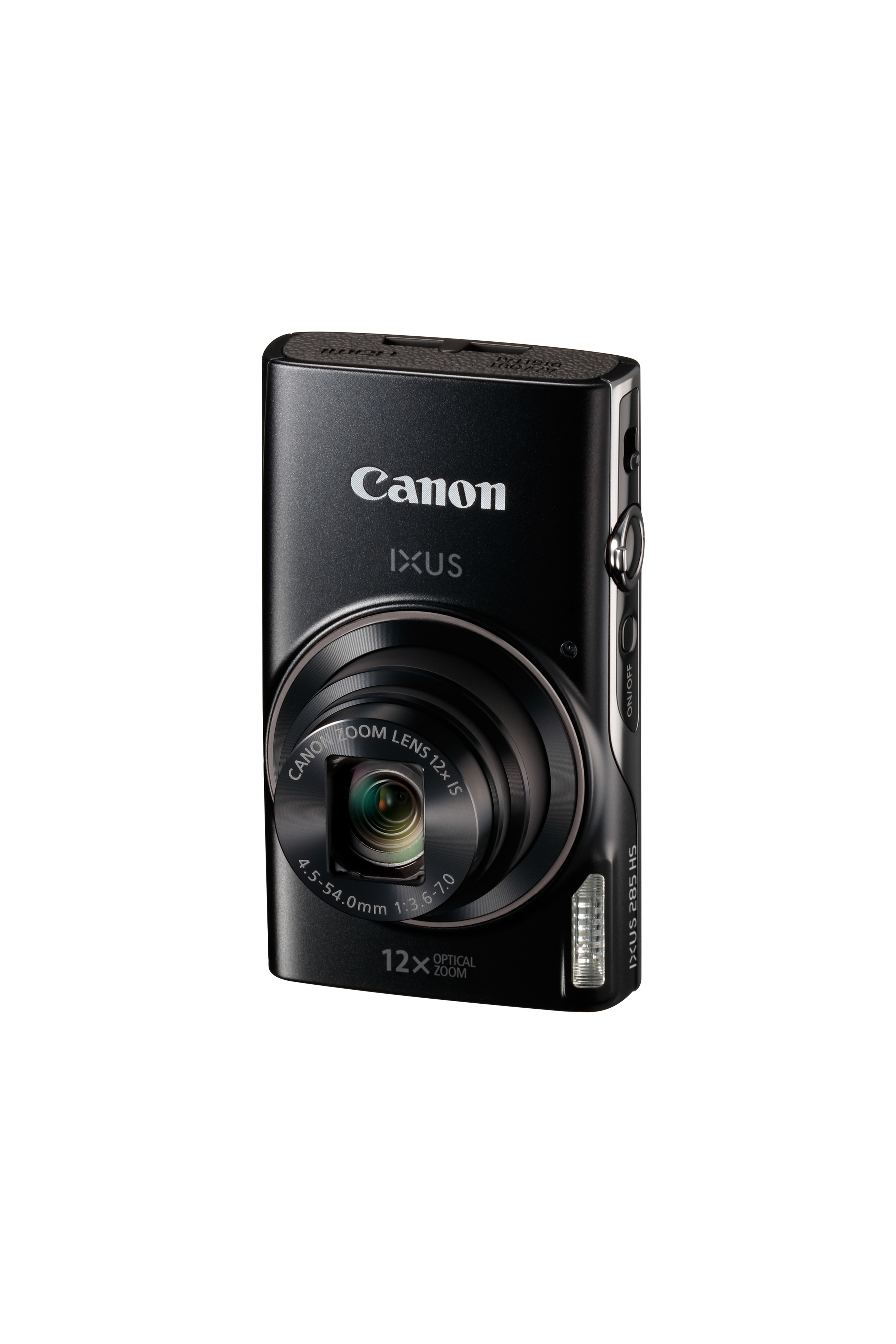 Eine schwarze Canon IXUS Kamera vor weißem Hintergrund. Sie hat ein Zoomobjektiv und einen Blitz.