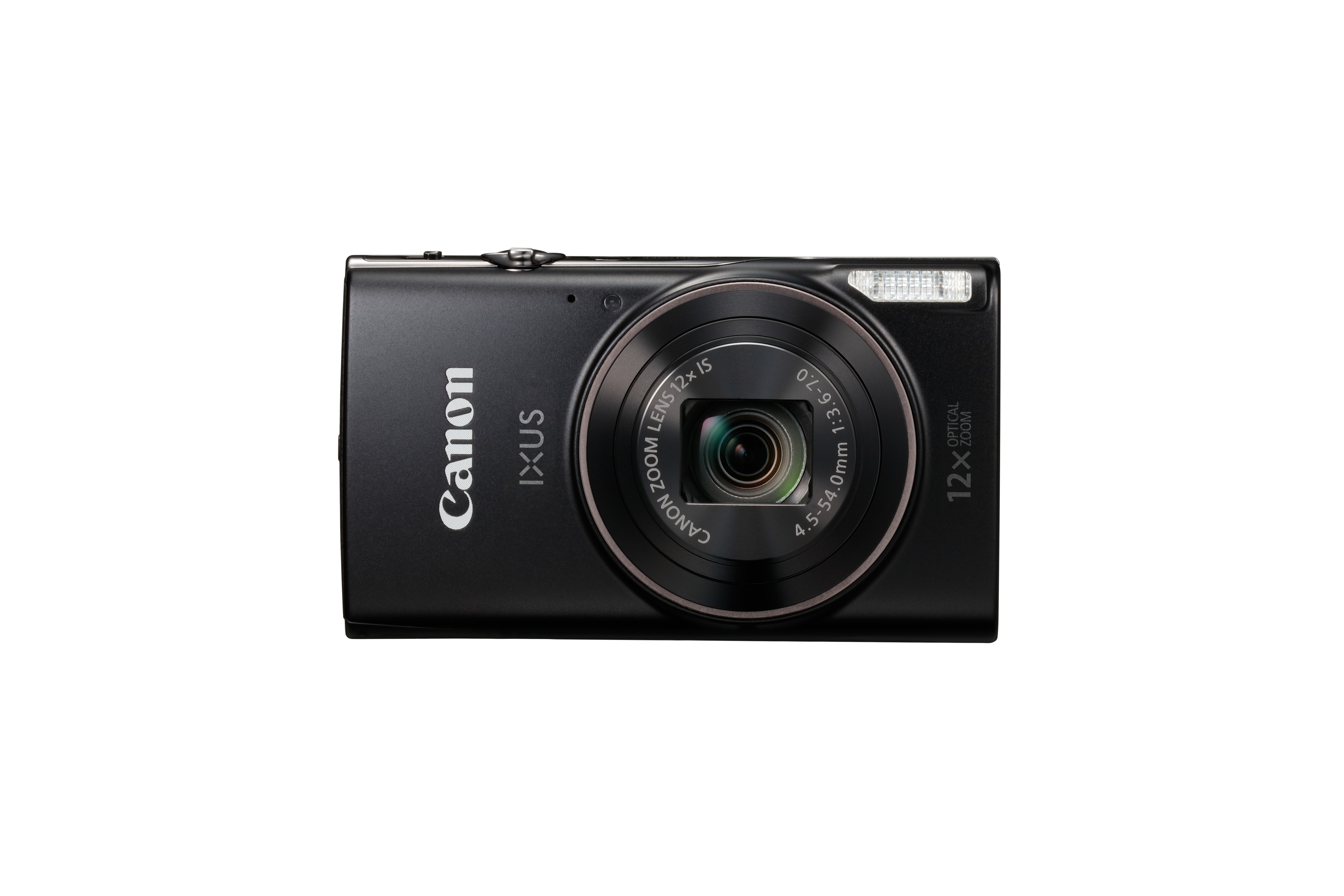 Schwarze Canon IXUS Kamera vor weißem Hintergrund. Merkmale: Objektiv mit 12x Zoom, Blitz und Canon-Logo.