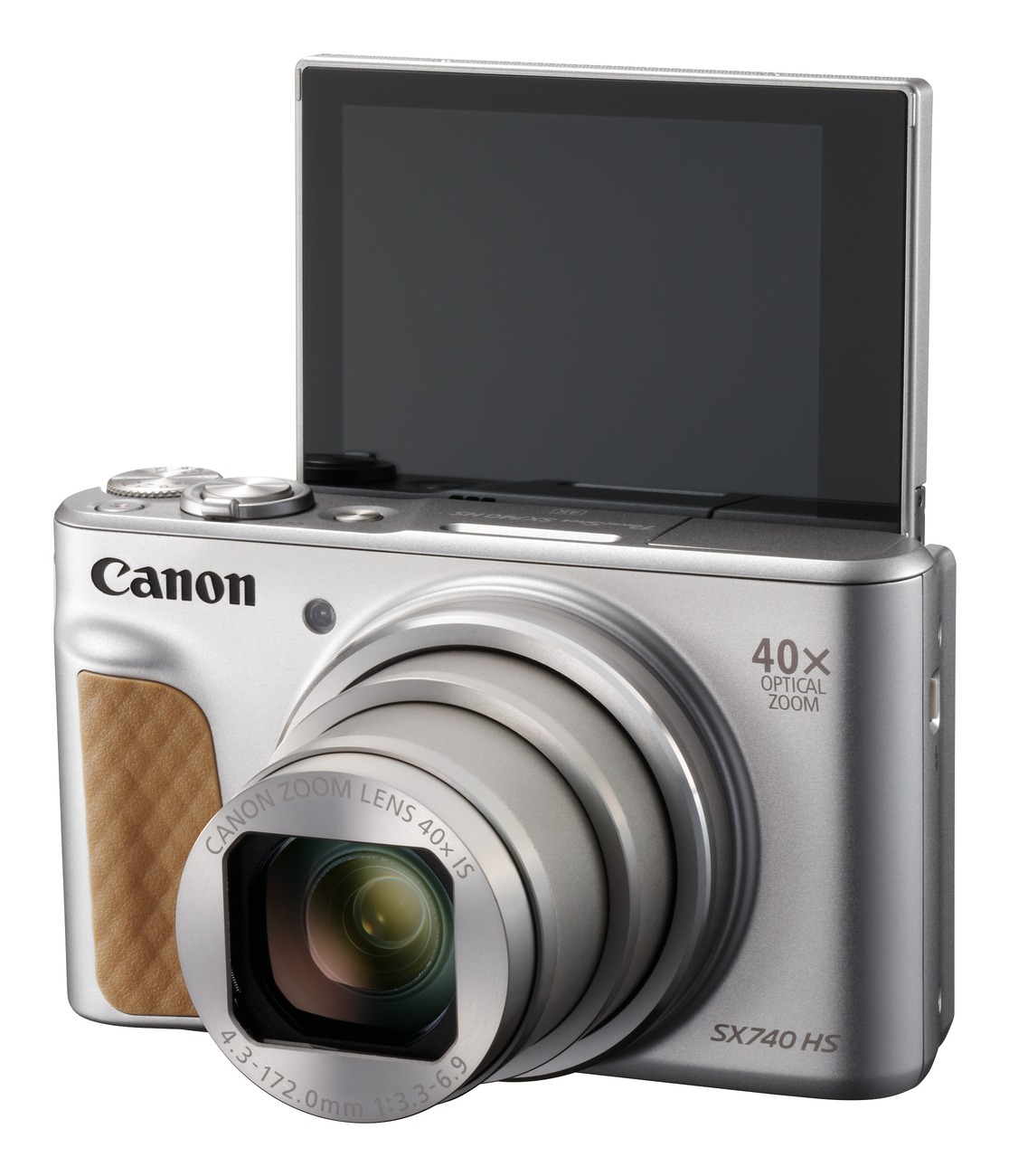 Silberne Canon-Kamera mit aufklappbarem Bildschirm. Verfügt über ein großes Objektiv, einen braunen Griff und den Text '40x Optical Zoom'.