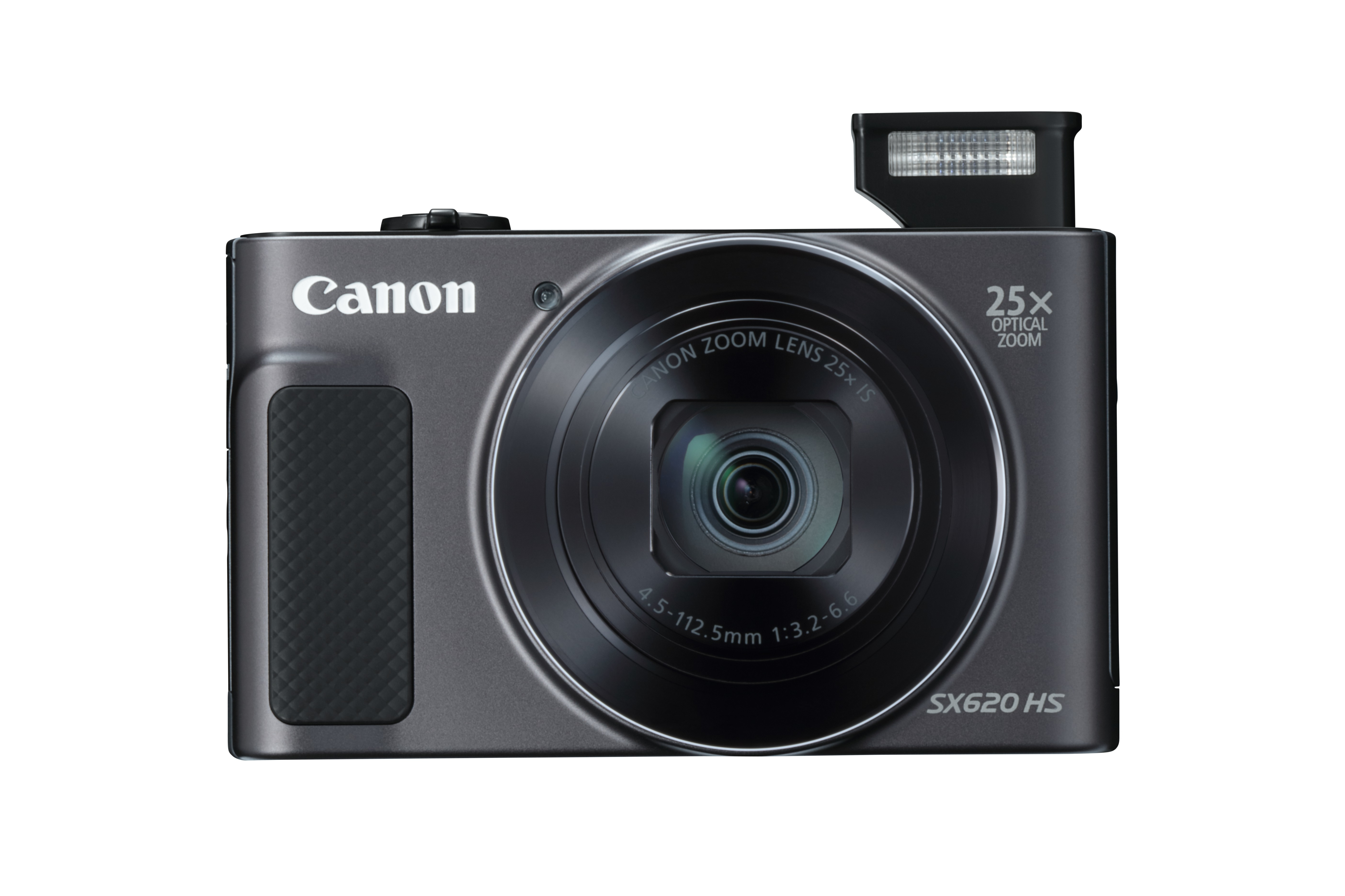 Eine Canon SX620 HS Kamera. Sie ist dunkelgrau mit großem Objektiv, Blitz und 25-fachem optischen Zoom.