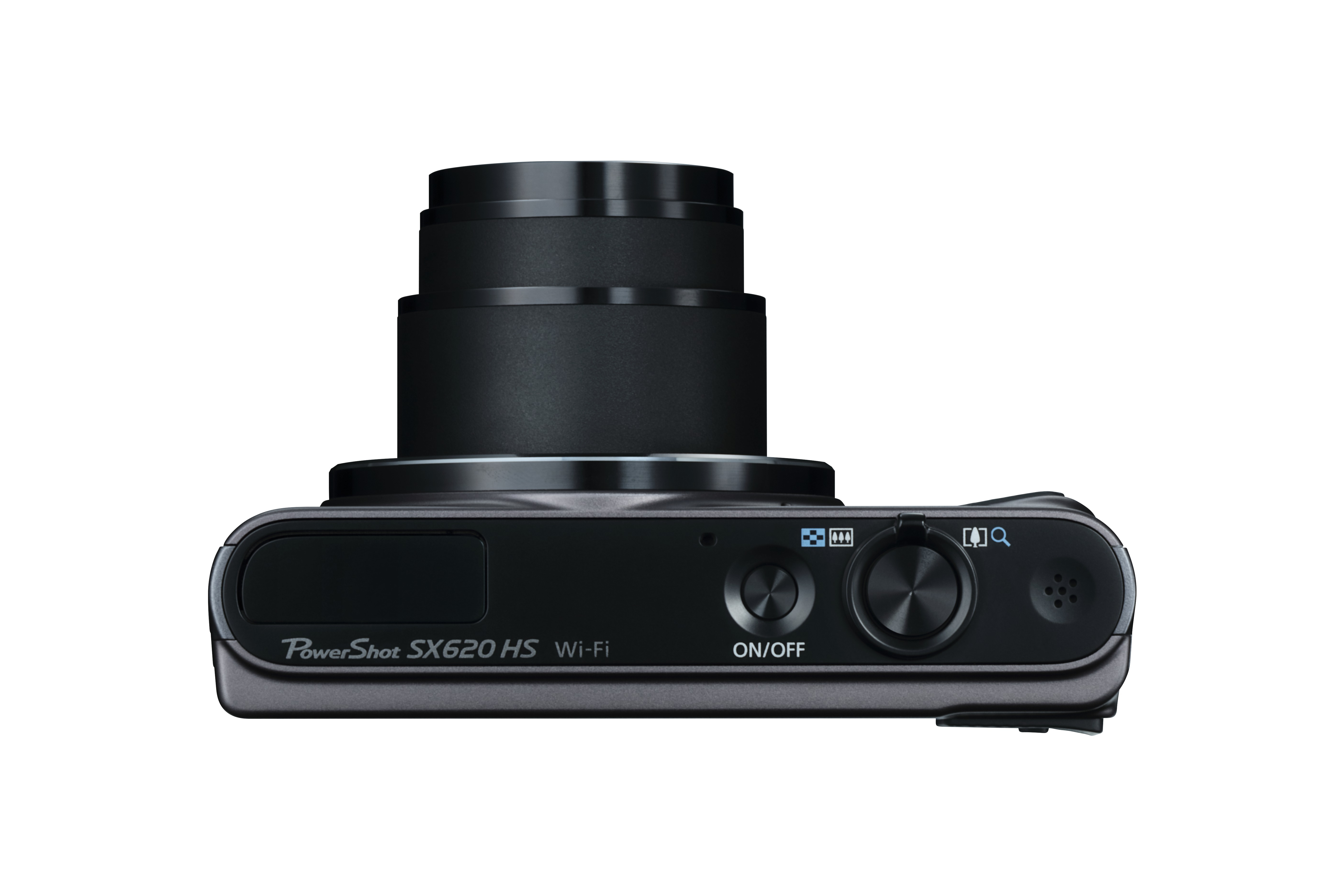 Draufsicht auf eine schwarze Kamera mit Objektiv, Knöpfen und dem Text 'PowerShot SX620 HS Wi-Fi'.