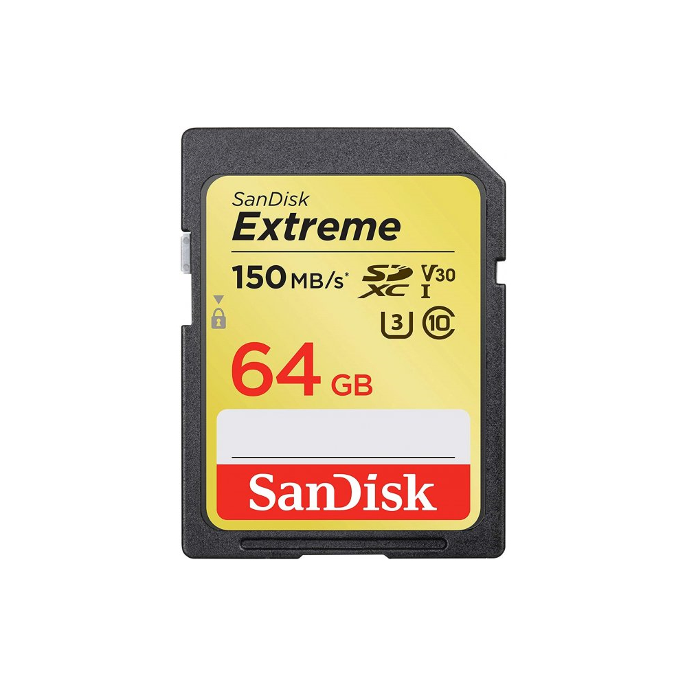 Se muestra una tarjeta SD SanDisk Extreme de 64 GB. Es negra con una etiqueta amarilla. Texto: 'Extreme', '150MB/s' y 'SanDisk'.
