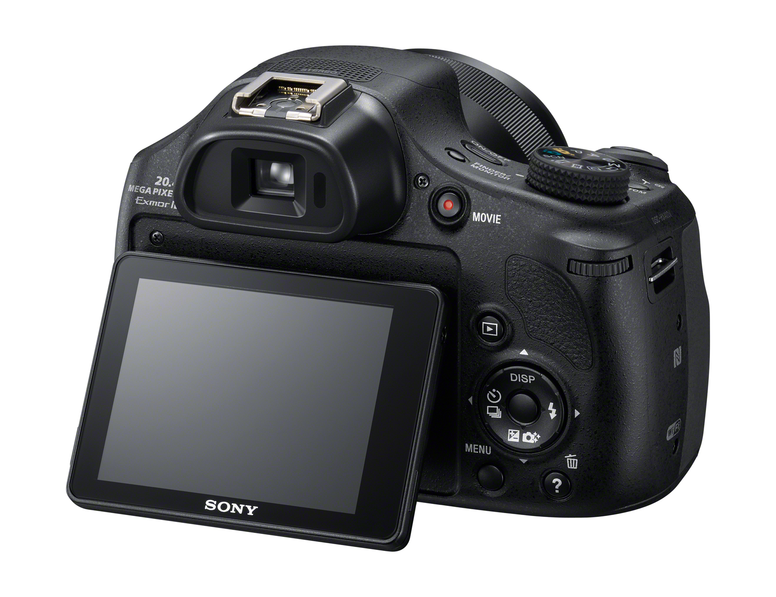 Schwarze Sony-Kamera mit offenem Bildschirm. Knöpfe, Räder und Sucher sind sichtbar. Der Bildschirm zeigt das Sony-Logo.