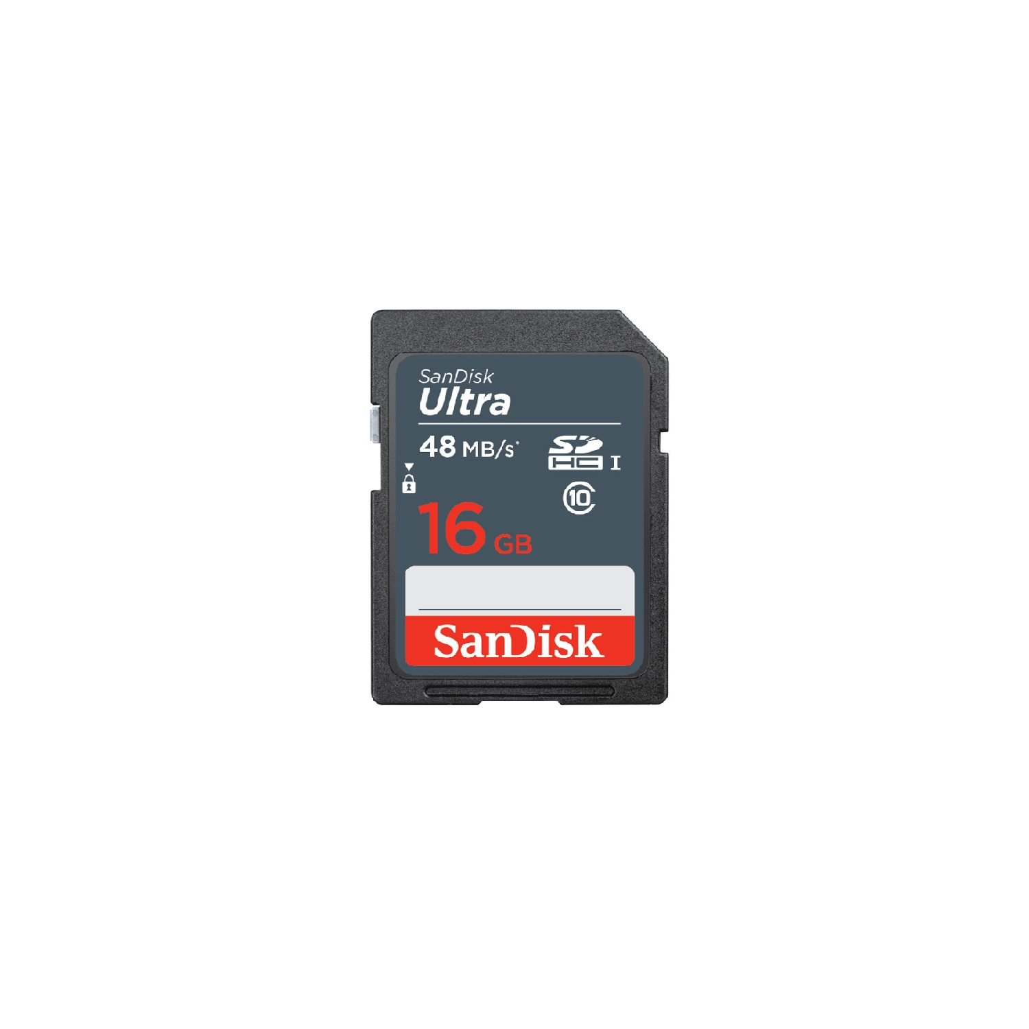 Tarjeta SD SanDisk Ultra de 16 GB sobre fondo blanco. Tarjeta negra con texto rojo y blanco. Muestra velocidad 48 MB/s.