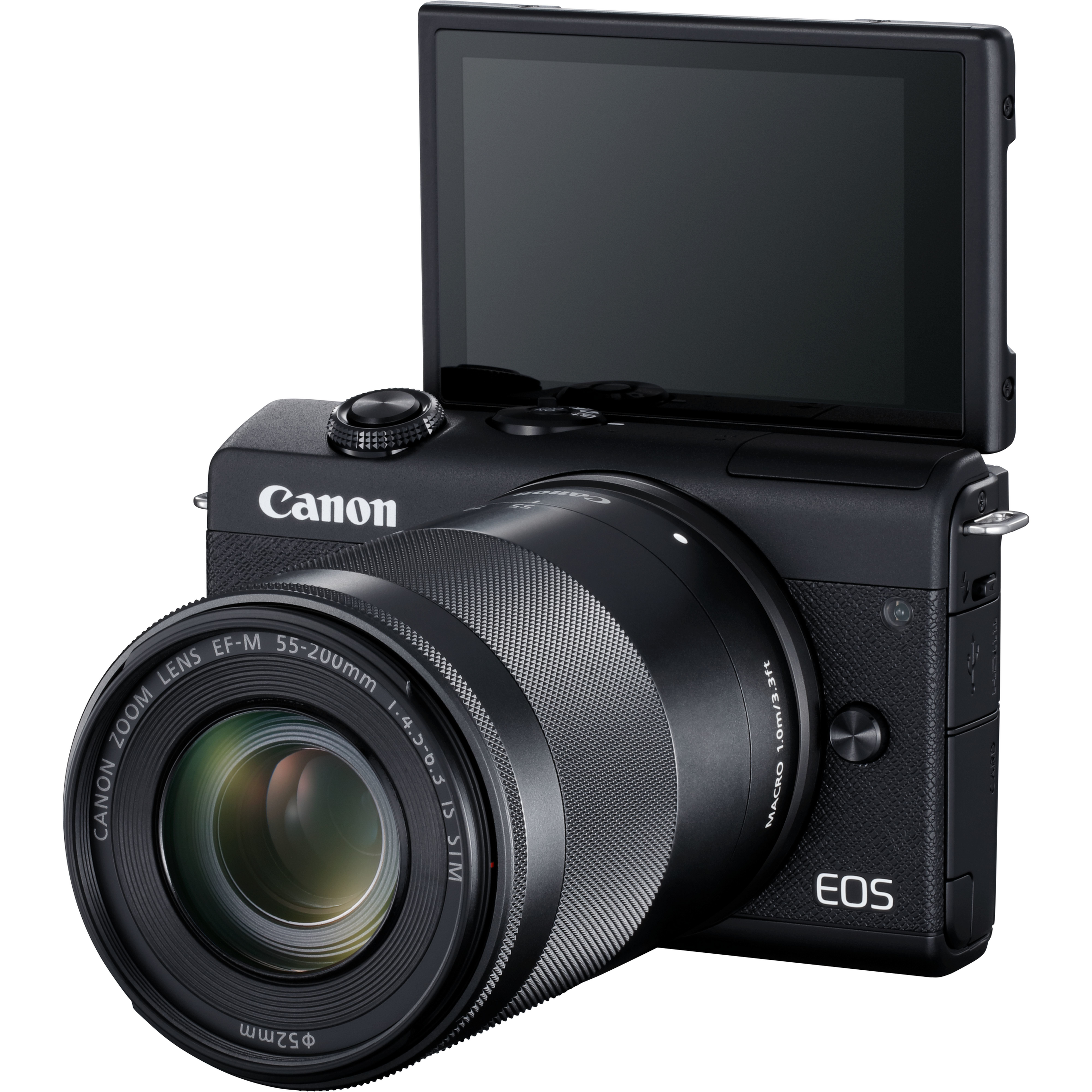 Eine schwarze Canon EOS Kamera mit Zoomobjektiv und verstellbarem Bildschirm. Das Objektiv sagt EF-M 55-200mm. Der Hintergrund ist weiß.