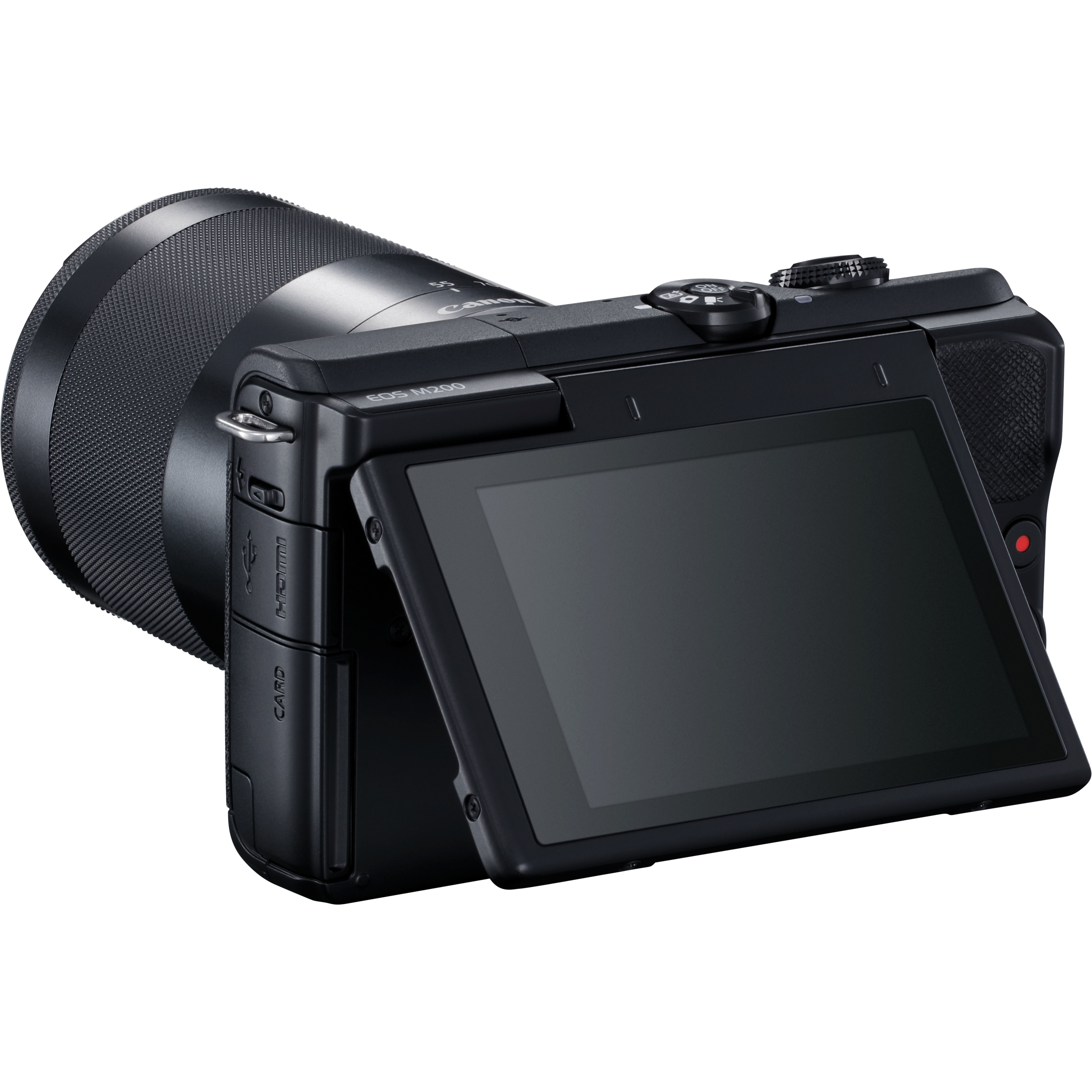 Schwarze Canon EOS M200 Kamera, Objektiv angebracht, Bildschirm geöffnet. HDMI- und CARD-Anschlüsse sichtbar.