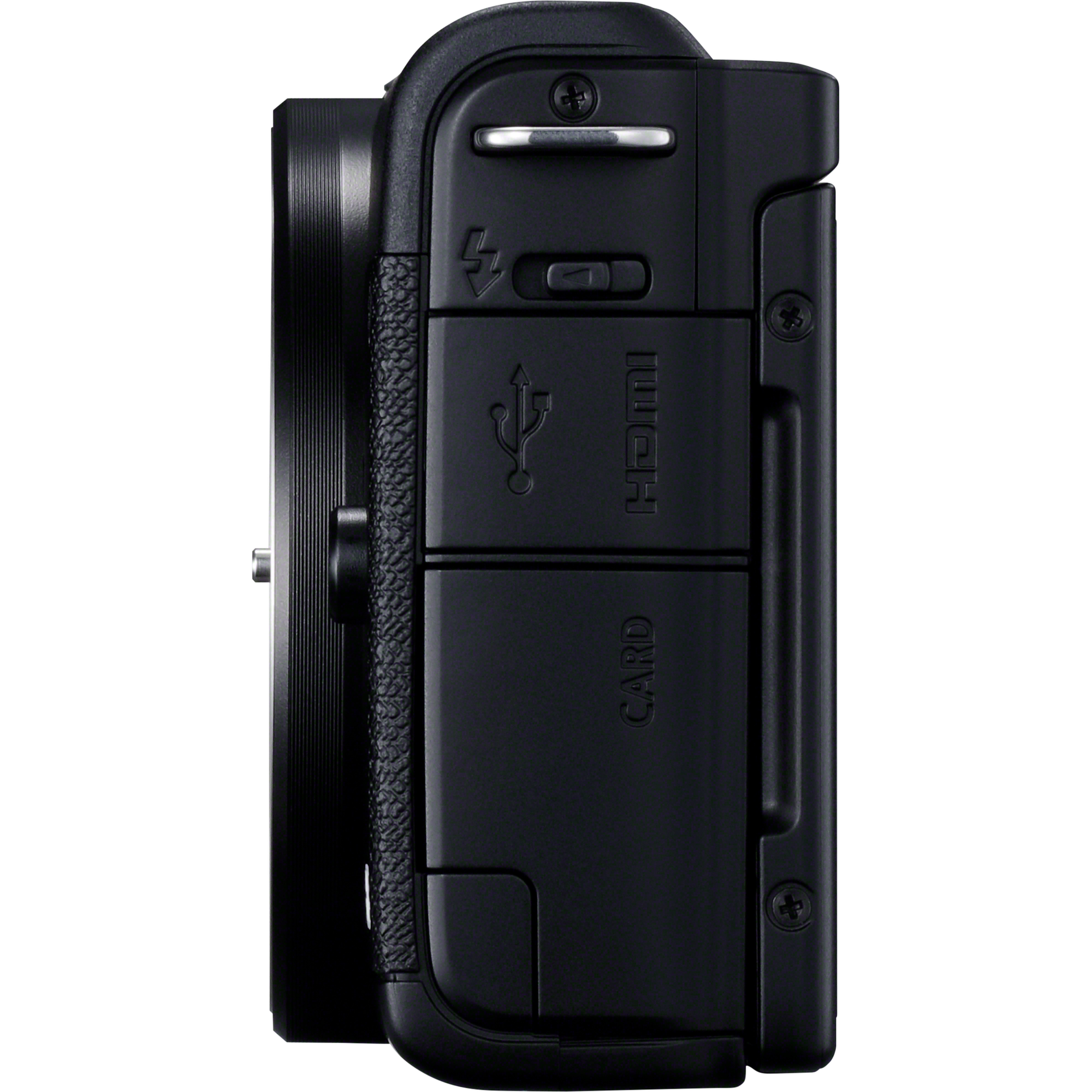 Schwarze Kameraseite mit Anschlüssen: USB, HDMI und Kartensteckplatz. Silberner Knopf und Schraubendetails.