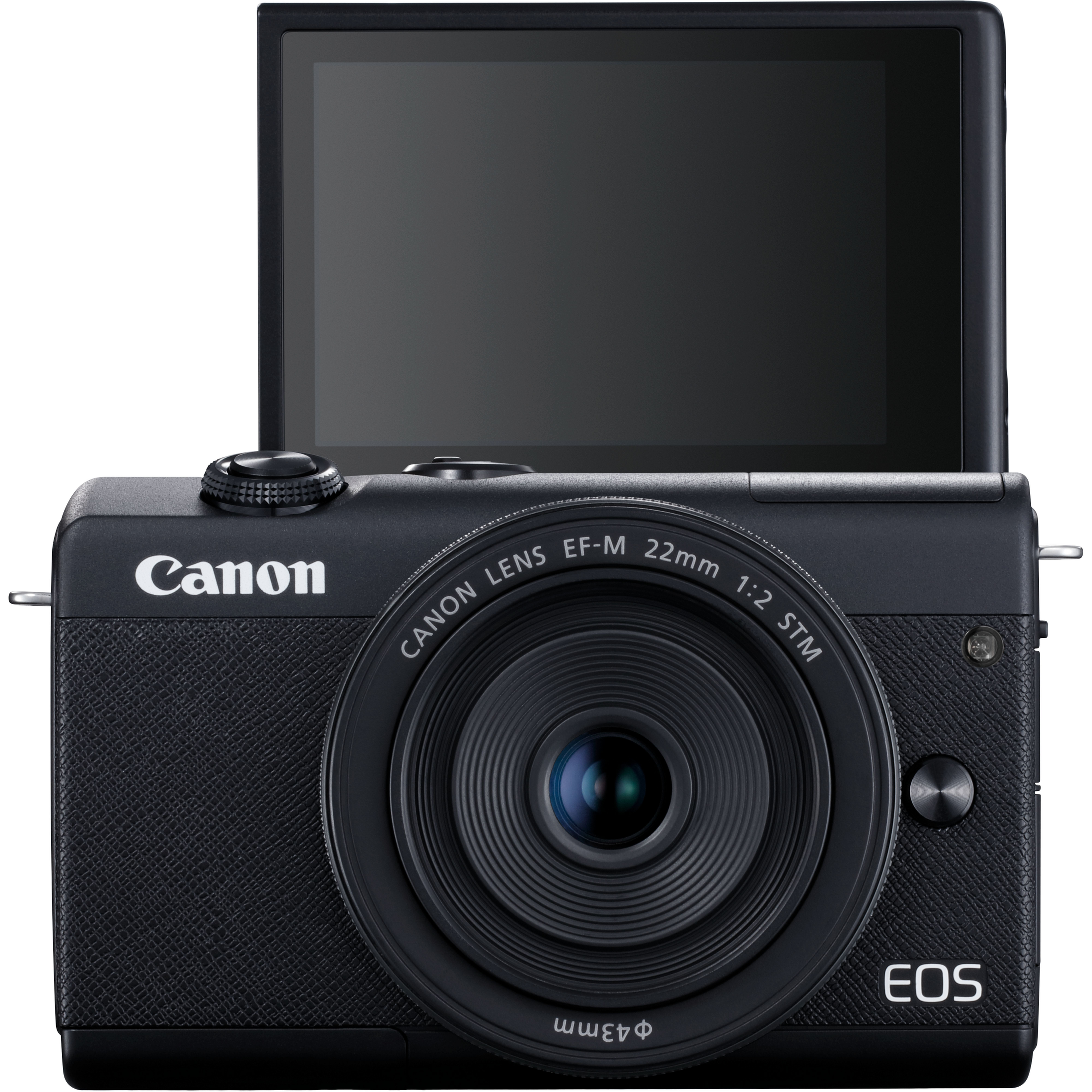 Schwarze Canon EOS-Kamera mit Objektiv und Bildschirm. Der Bildschirm ist geöffnet. Die Kamera ist auf weißem Hintergrund.