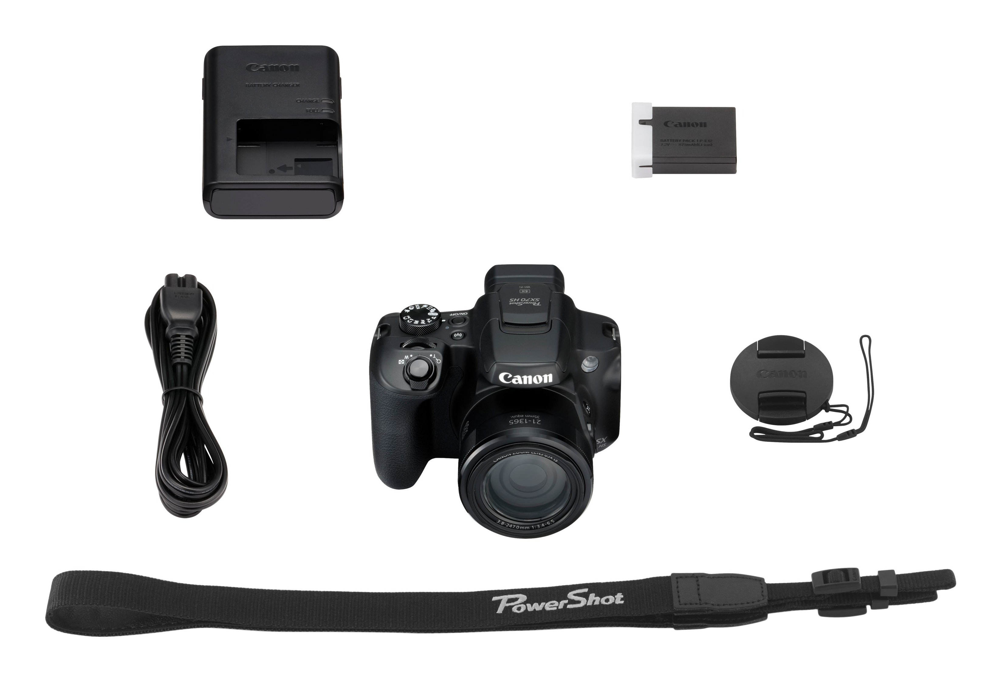Kit fotocamera Canon, tra cui fotocamera, caricabatterie, batteria, copriobiettivo, cinturino e cavo di alimentazione, nero.
