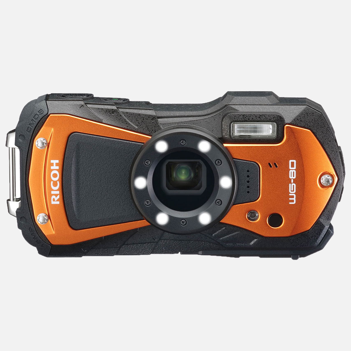Orange und schwarze Ricoh WG-80 Kamera. Merkmale: Linse mit Lichtern, Blitz und Modellname WG-80.