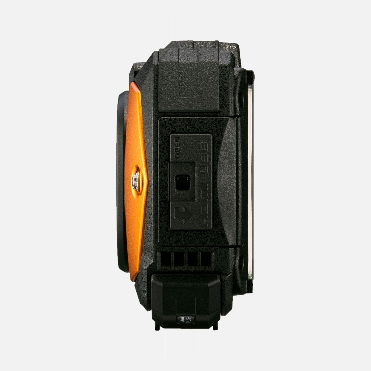 Schwarzes und oranges robustes Gerät. Hat offene USB-Anschlüsse. Das Gerät hat unten einen Druckknopf.