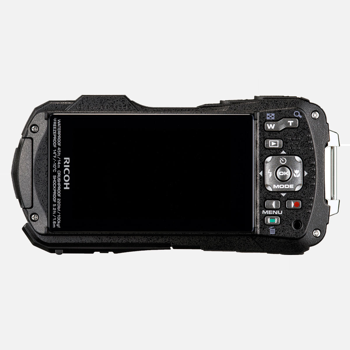 Zwarte Ricoh camera achterkant met scherm en knoppen. Kenmerken: waterdicht en schokbestendig. Tekst: Ricoh, Menu, Mode, OK.