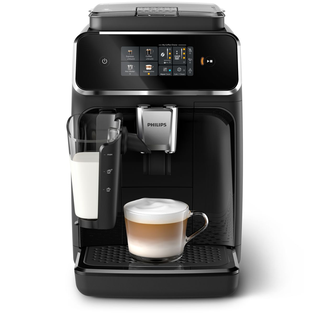 Macchina da caffè Philips nera con latte. Bicchiere di latte a sinistra. Bicchiere di caffè in basso.
