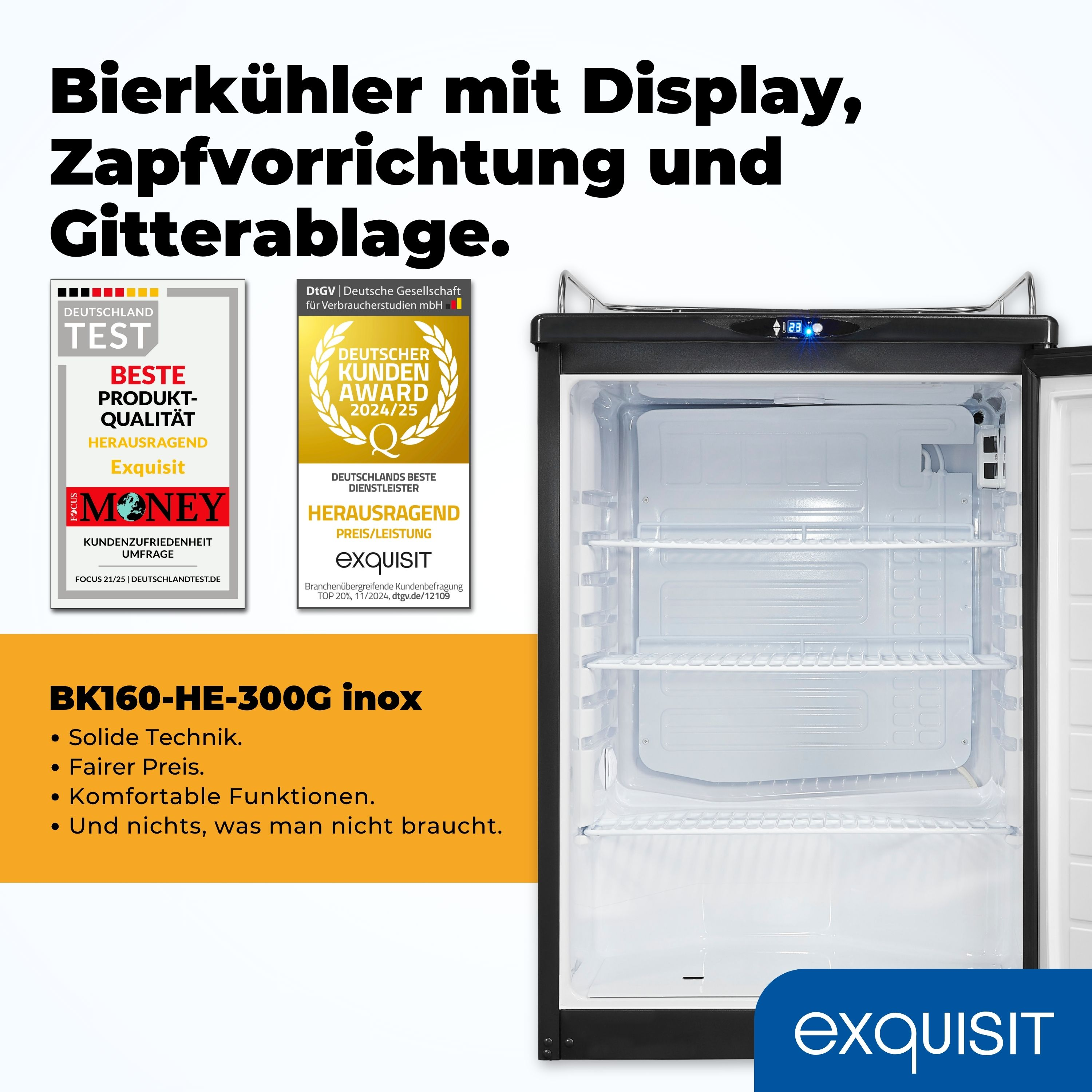 Bierkühler mit geöffneter Tür, Regalen, Display und Auszeichnungen. Aufschrift: Exquisit.